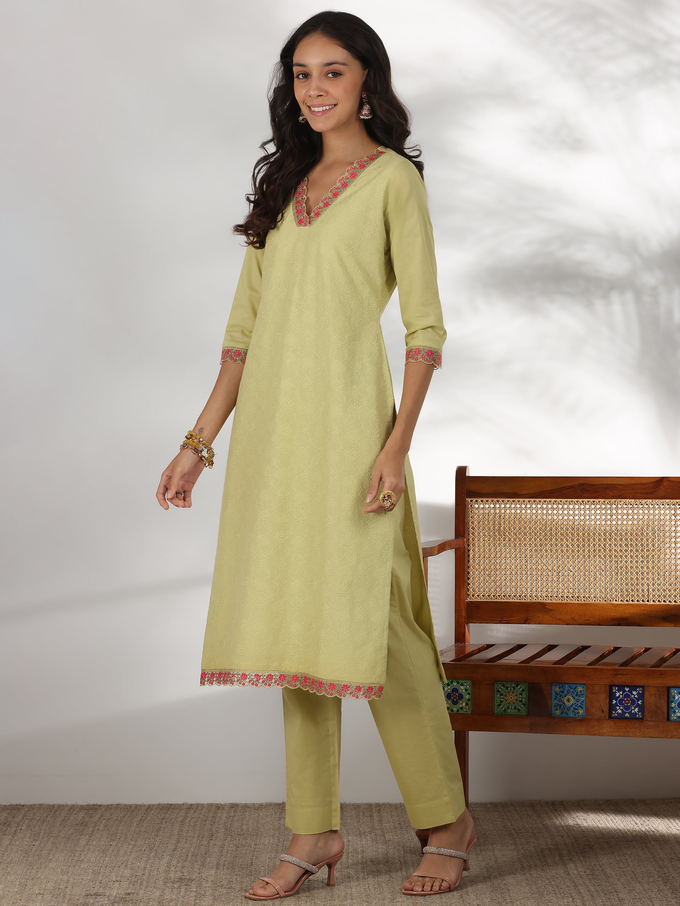 Libas Green Embroidered Cotton Straight Suit With Dupatta - view 2