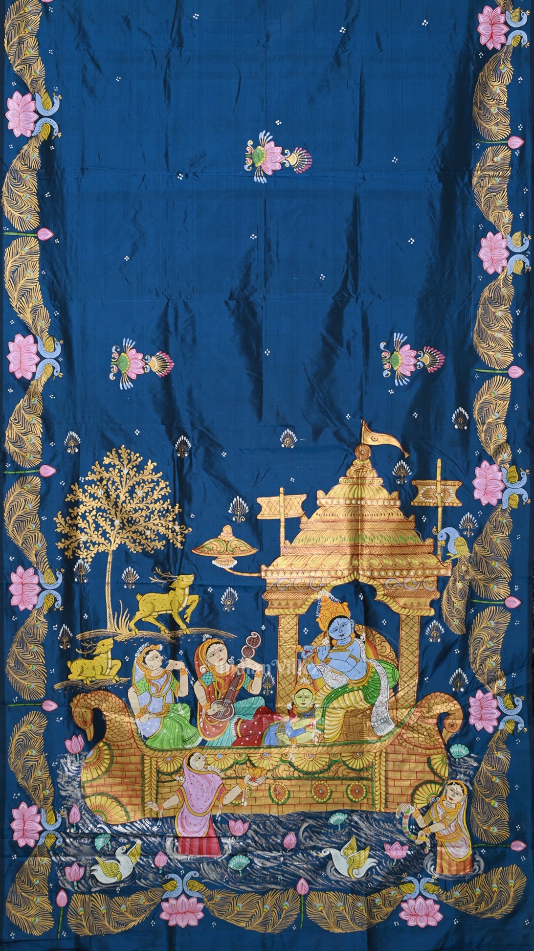 IndianVillèz Blue Krishna Boita Theme Hand-Painted Pattachitra Saree
