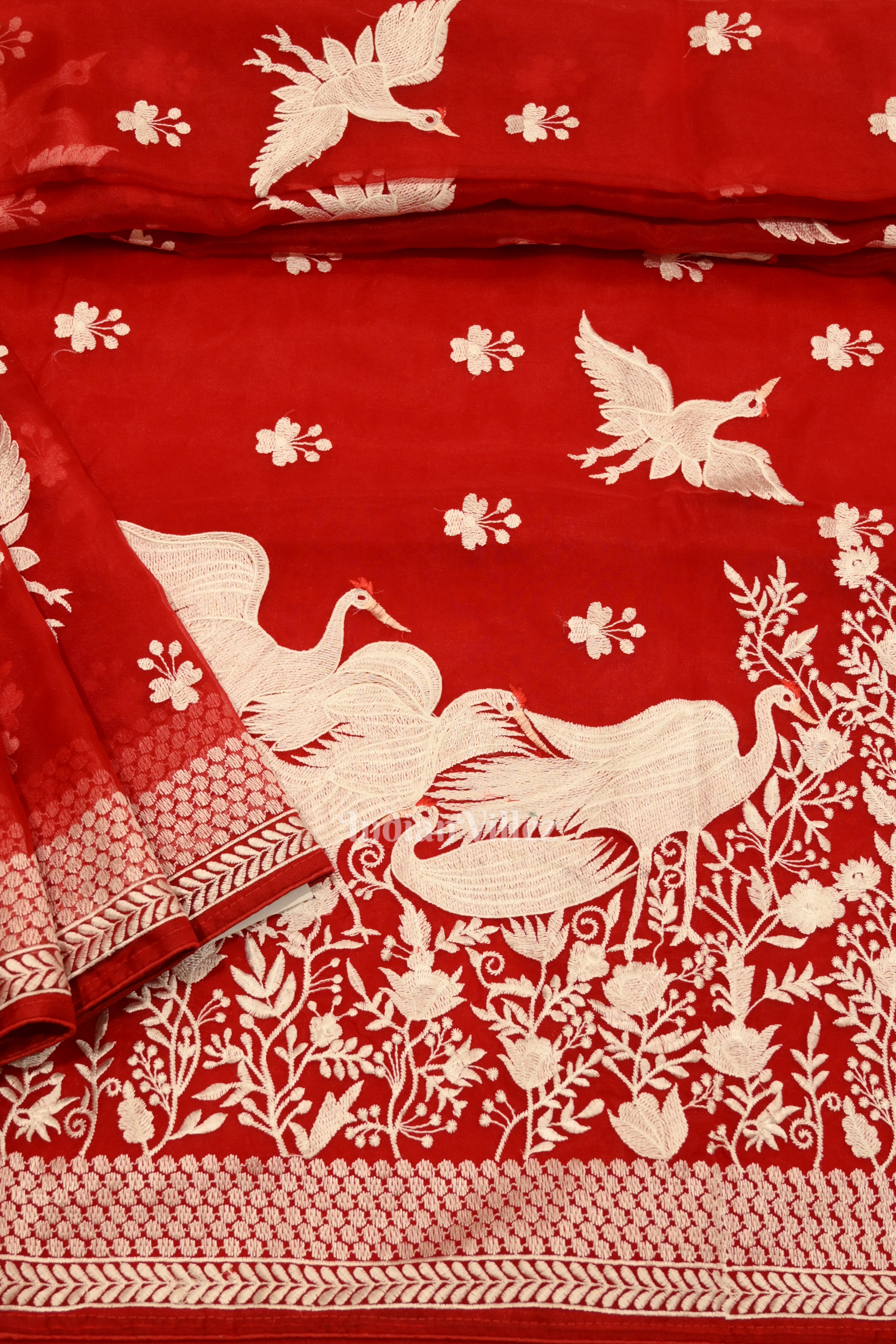 IndianVillèz Red Parsi Gara Floral Motif Hand Embroidered Saree