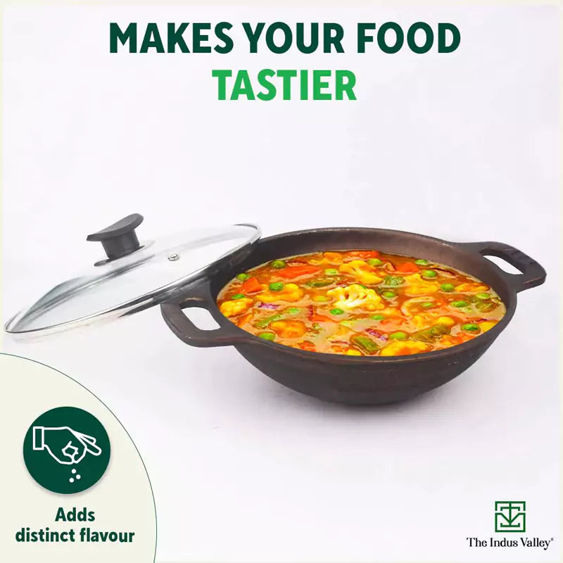The Indus Valley Super Smooth Cast Iron Kadai (Wok)+ Glass Lid, Pre-seasoned, Nonstick, 100% Pure,Toxin-free, 25.4cm, 2.5L, 2.4kg - view 9