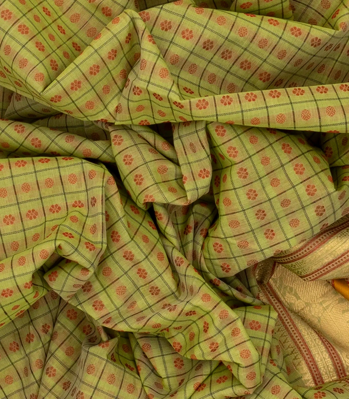 RmKV Cardamom Green Handloom Kanchi Cotton Saree With Checks & Kamalam Motifs - view 3