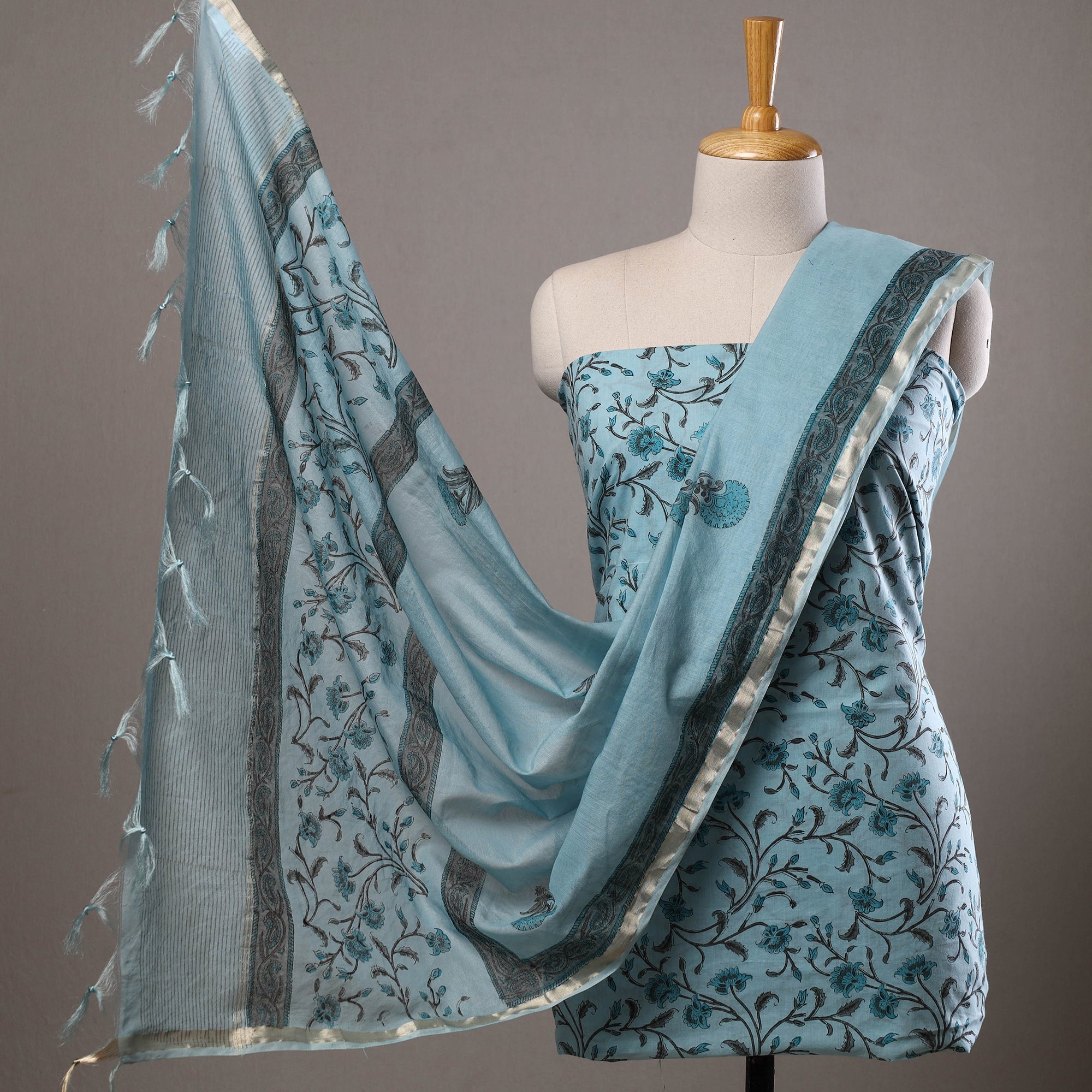 HAVELI CHRONICLES Blue - 3pc Sanganeri Block Printed Cotton Suit Material with Chanderi Silk Dupatta 02