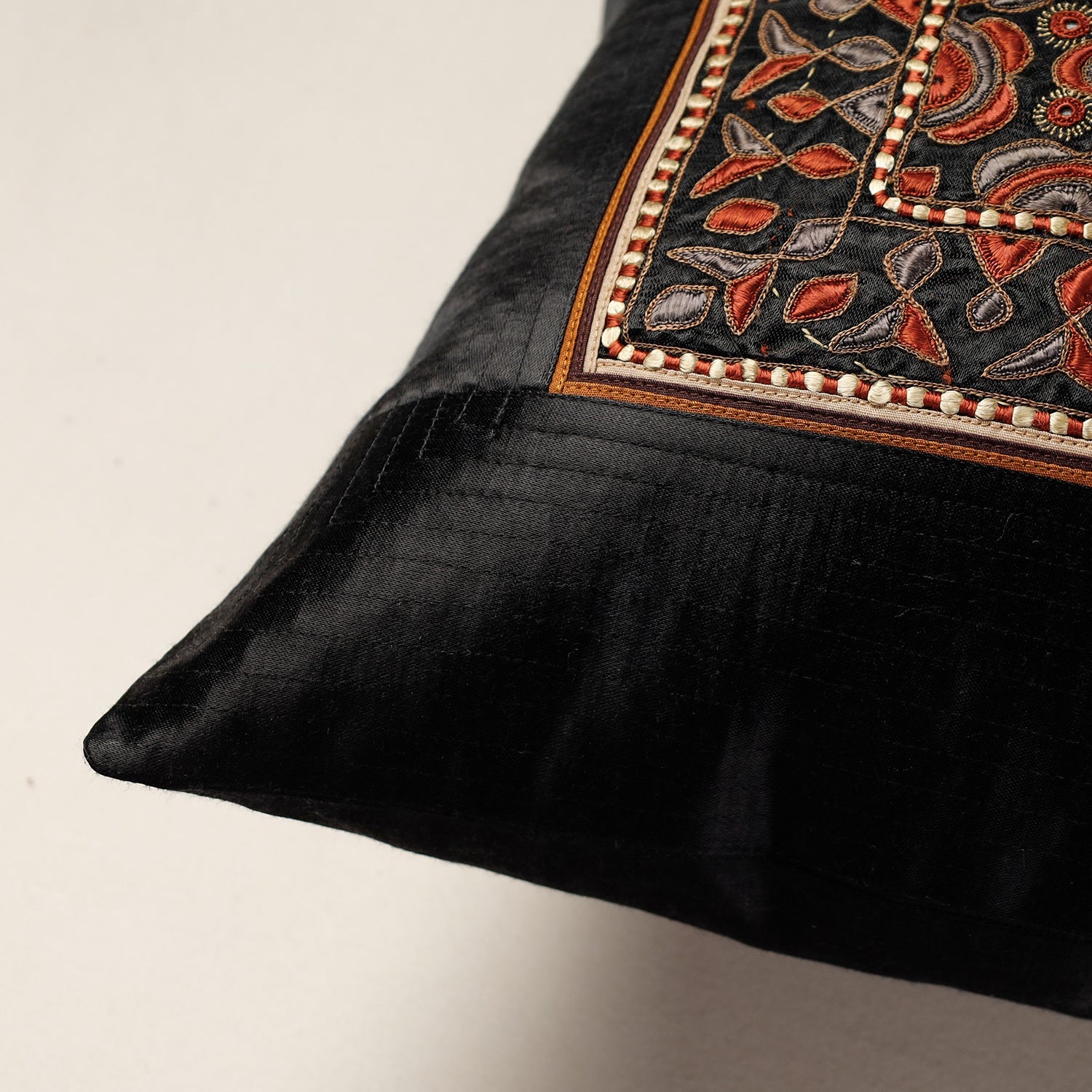 QASAB Black - Kutch Pakko Bherni Hand Embroidery Mashru Silk Cushion Cover (15.5 x 15.5 in) - view 2