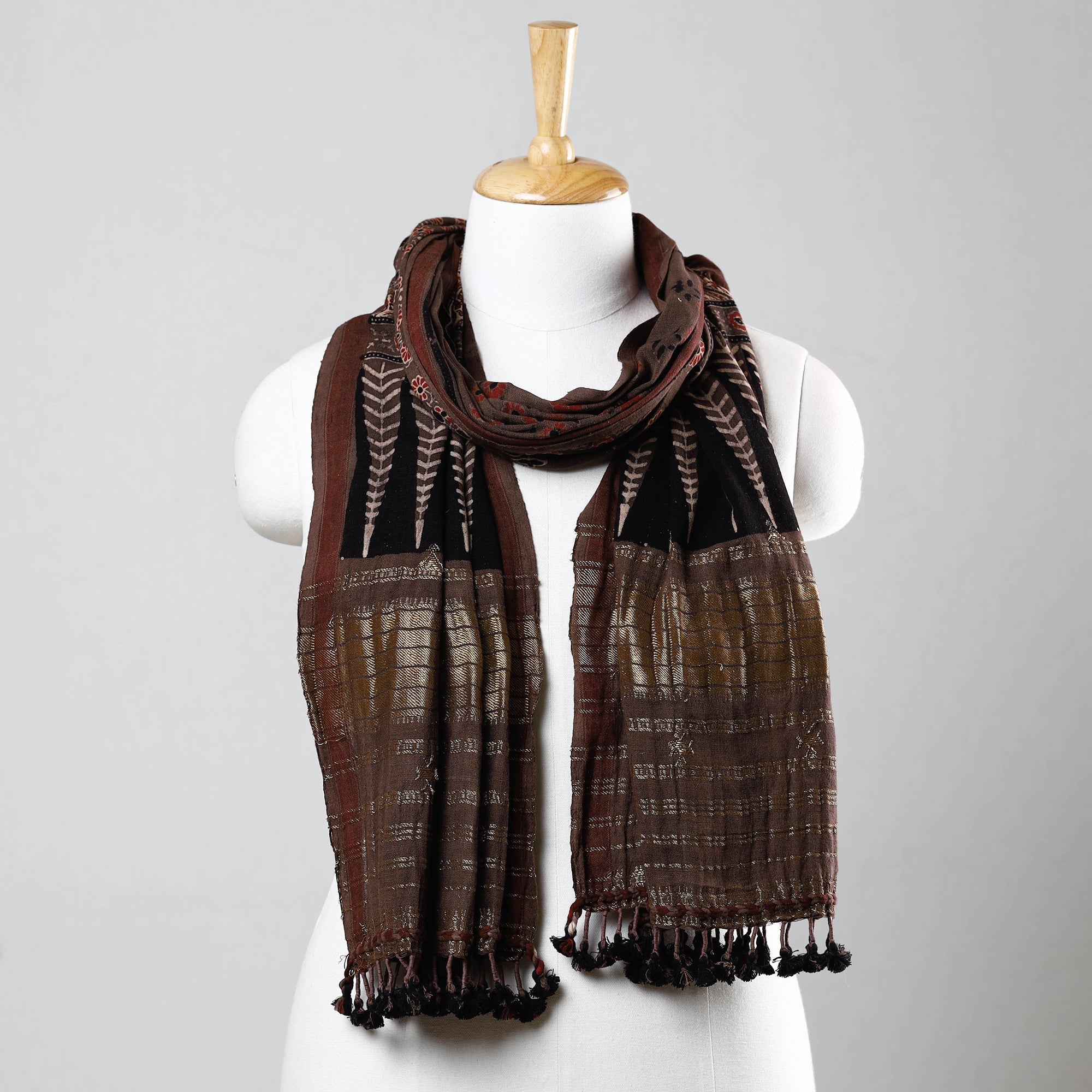 KACHCHH JI CHHAAP Brown - Ajrakh Prints Kutch Bhujodi Kala Cotton Handwoven Zari Work Stole