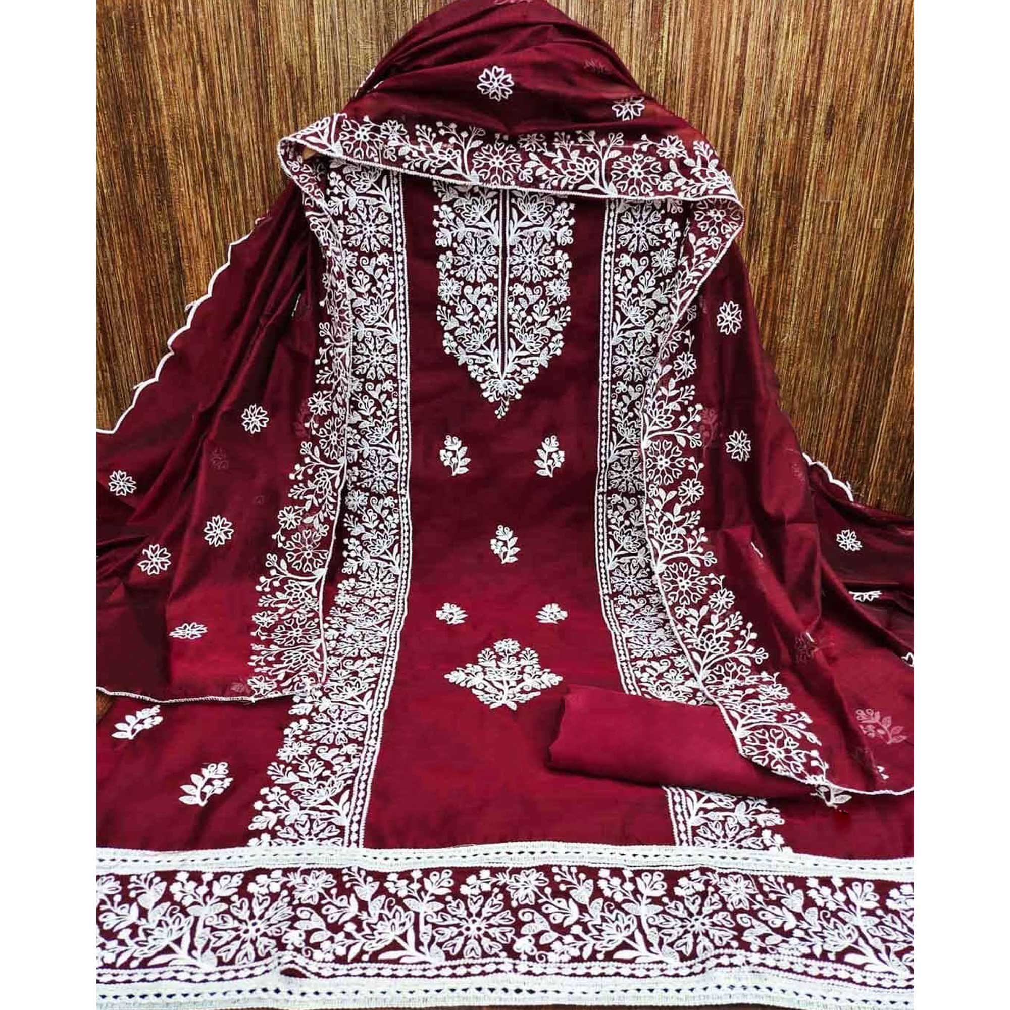 Peachmode Maroon Floral Embroidered Chanderi Silk Dress Material - view 3