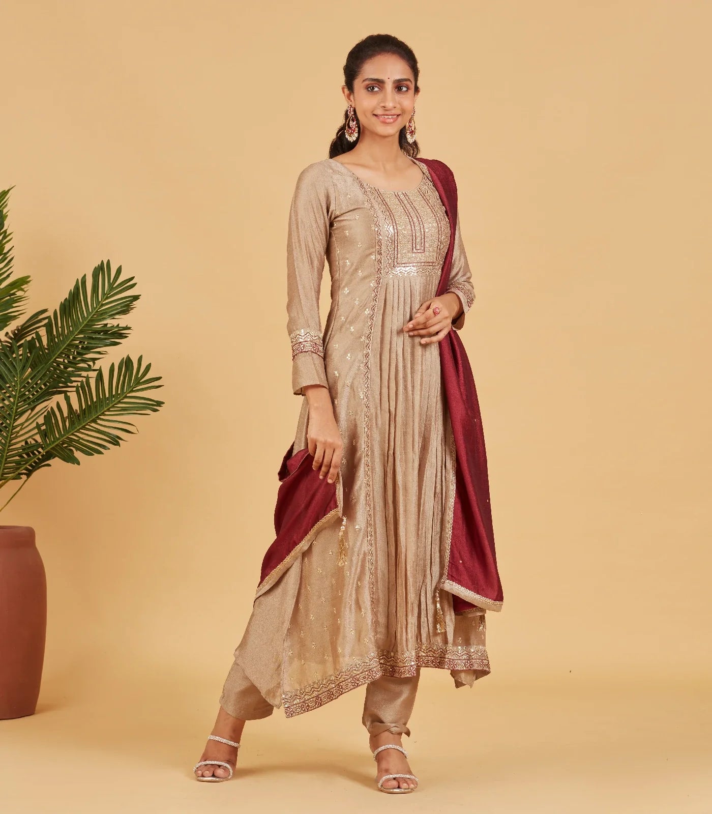 RmKV Taupe Kurta Set With Contrast Wine Dupatta