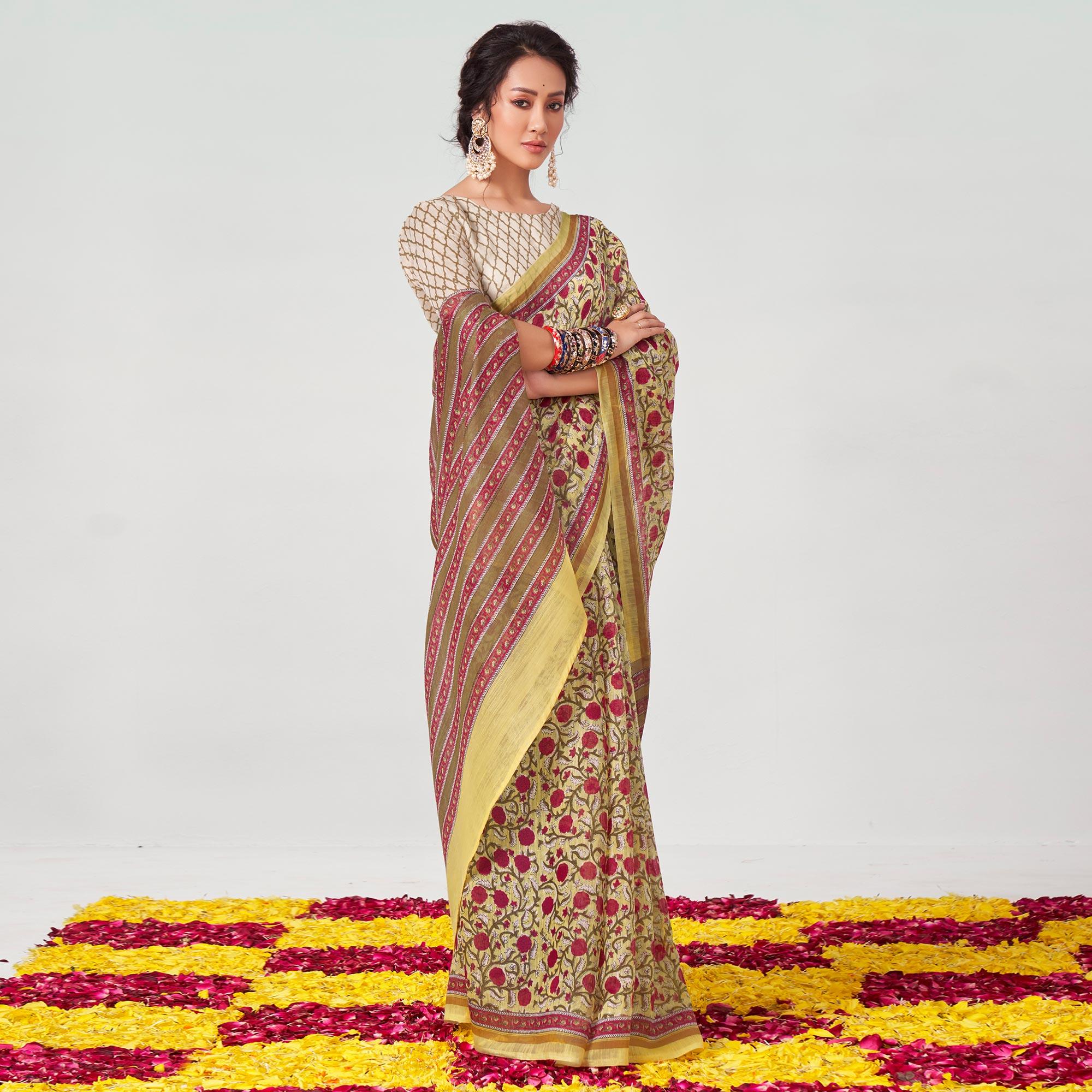 Peachmode Light Yellow Floral Printed Chanderi Saree