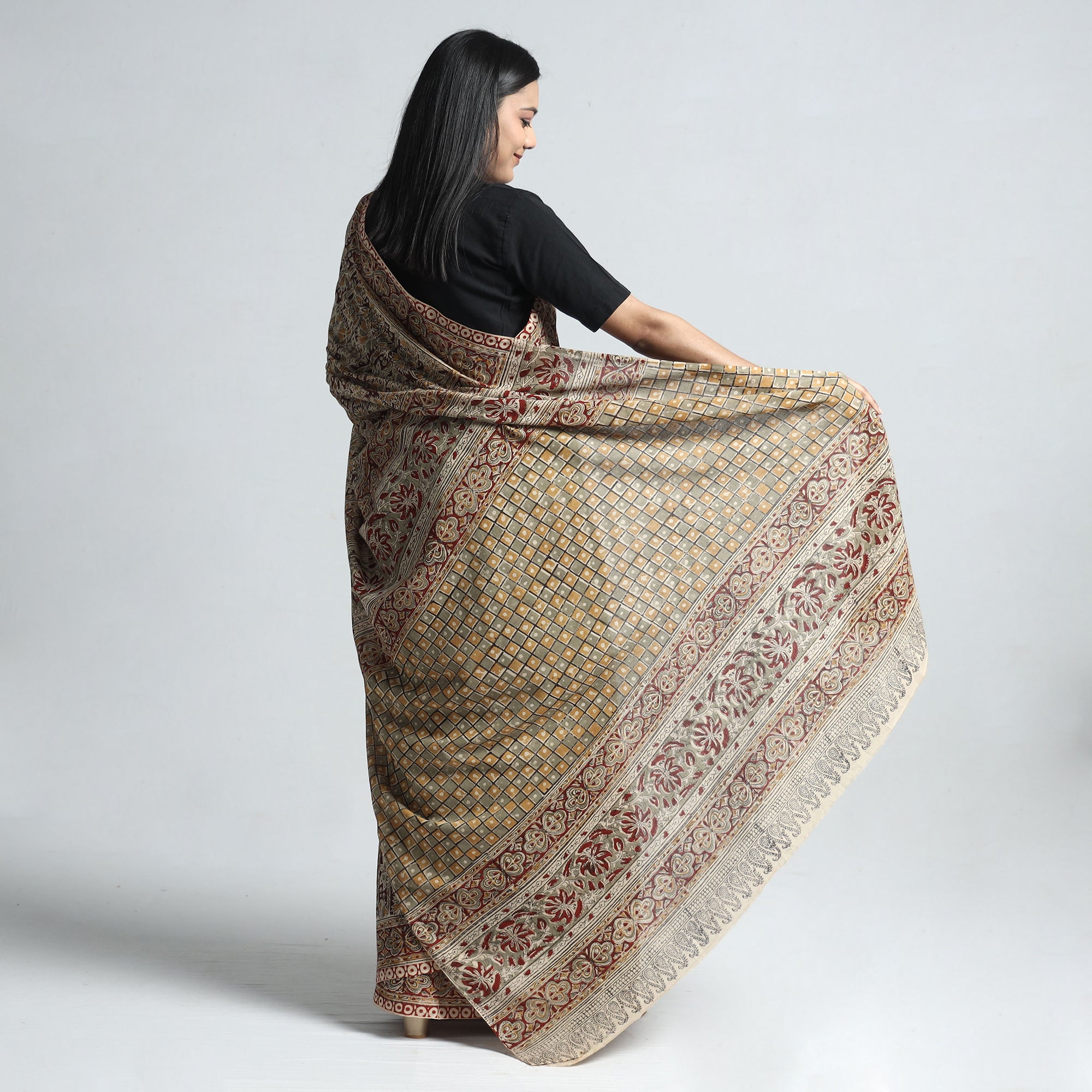 VENKATA BHANU KALAMKARI PEDANA Beige - Pedana Block Print Cotton Kalamkari Saree - view 6