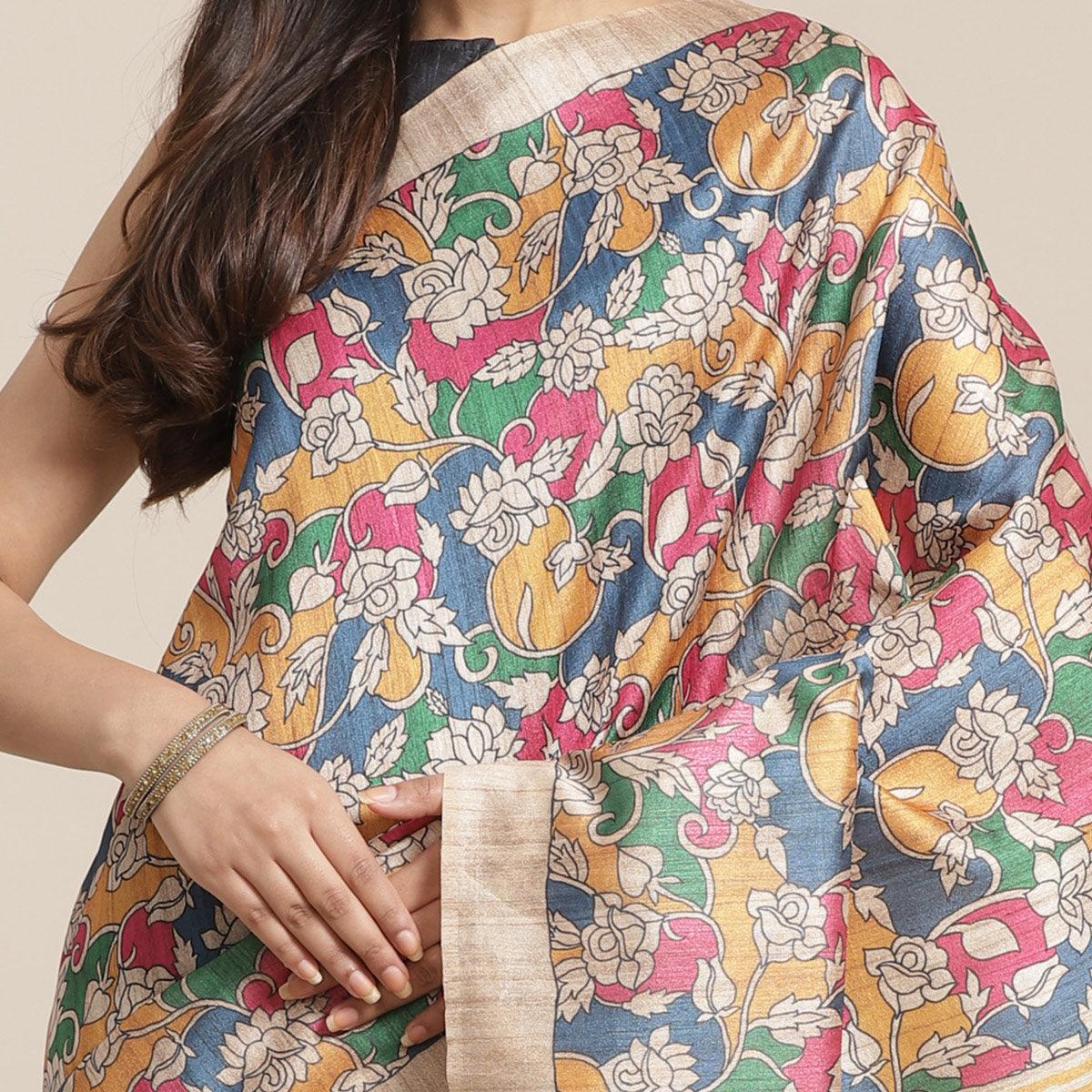 Peachmode Exceptional Beige-Multi Colored Casual Wear Floral Printed Silk Blend Saree With Tassels - view 3