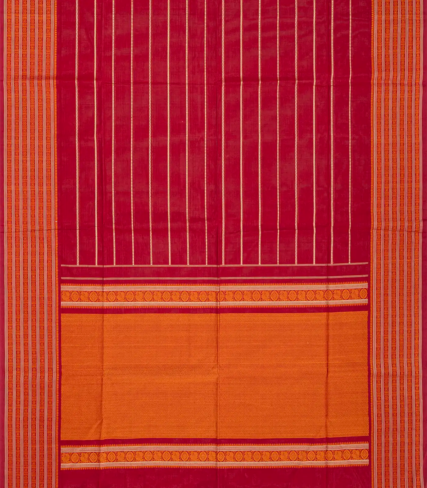RmKV Red Handloom Kanchi Cotton Saree With Veldari Stripes-Red - view 2