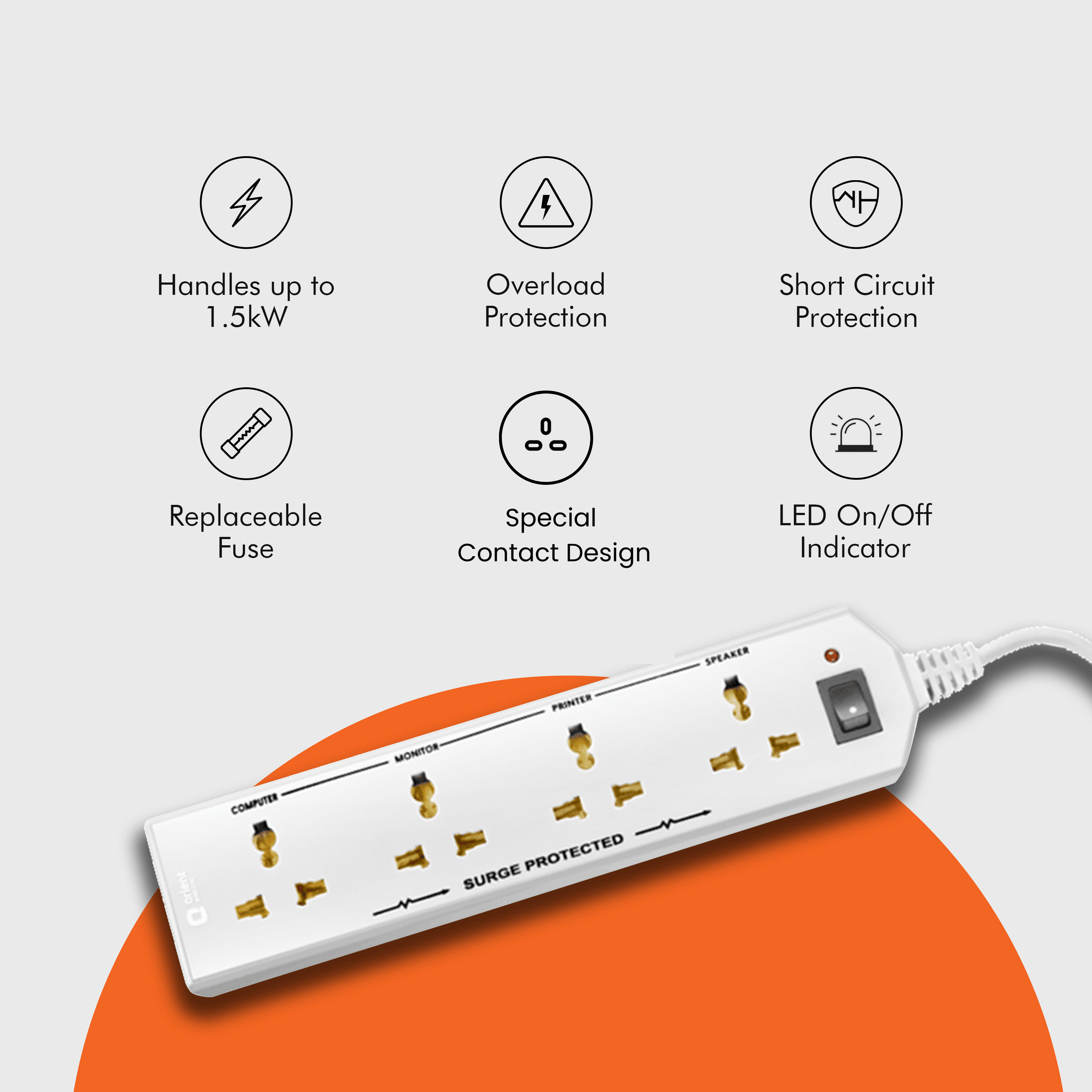 orientelectric 4 Socket Extension Board with 2 Metre Wire (White) - view 4