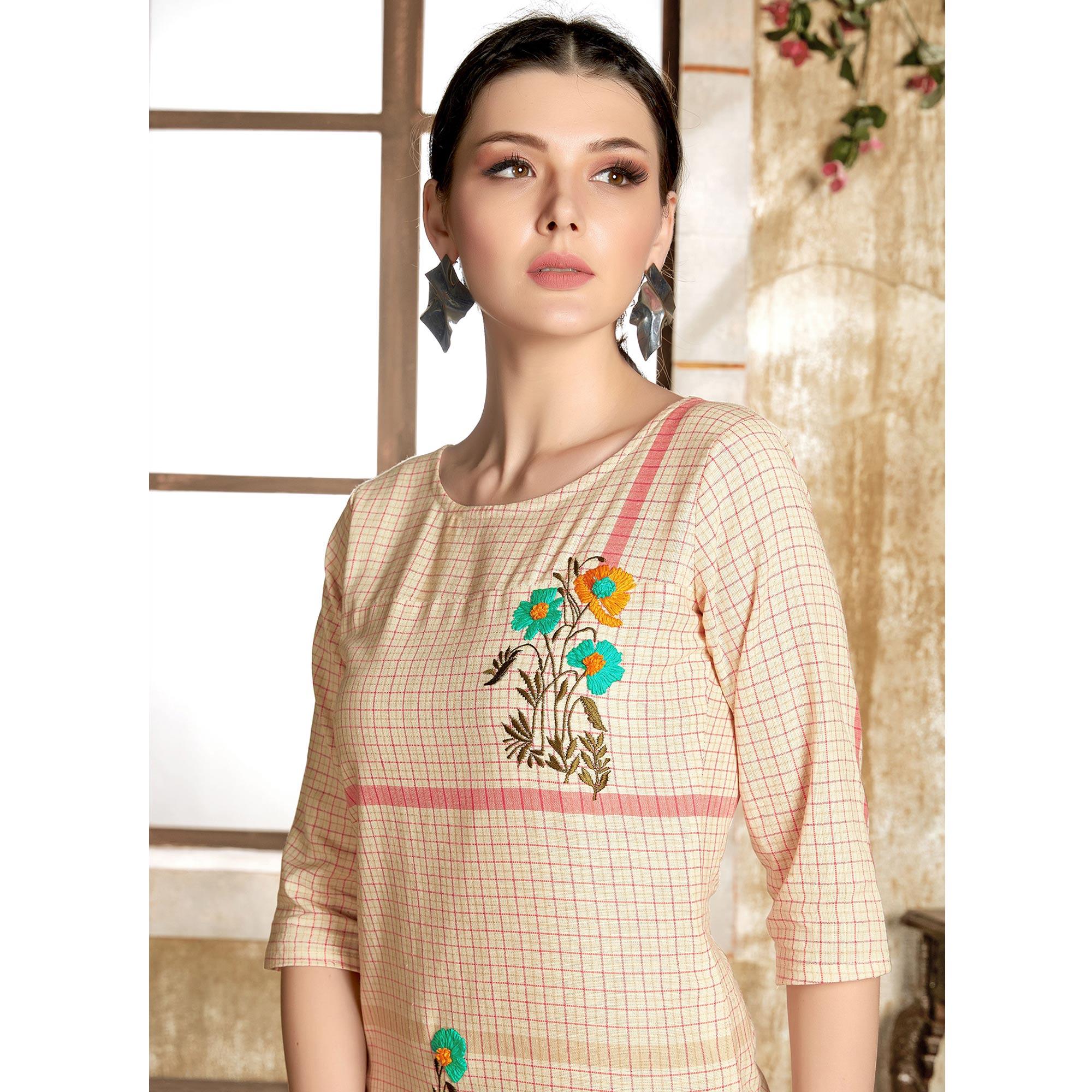 Peachmode Seller Gleaming Cream - Gajari Colored Casual Wear Embroidered Pure Cotton Kurti - view 2
