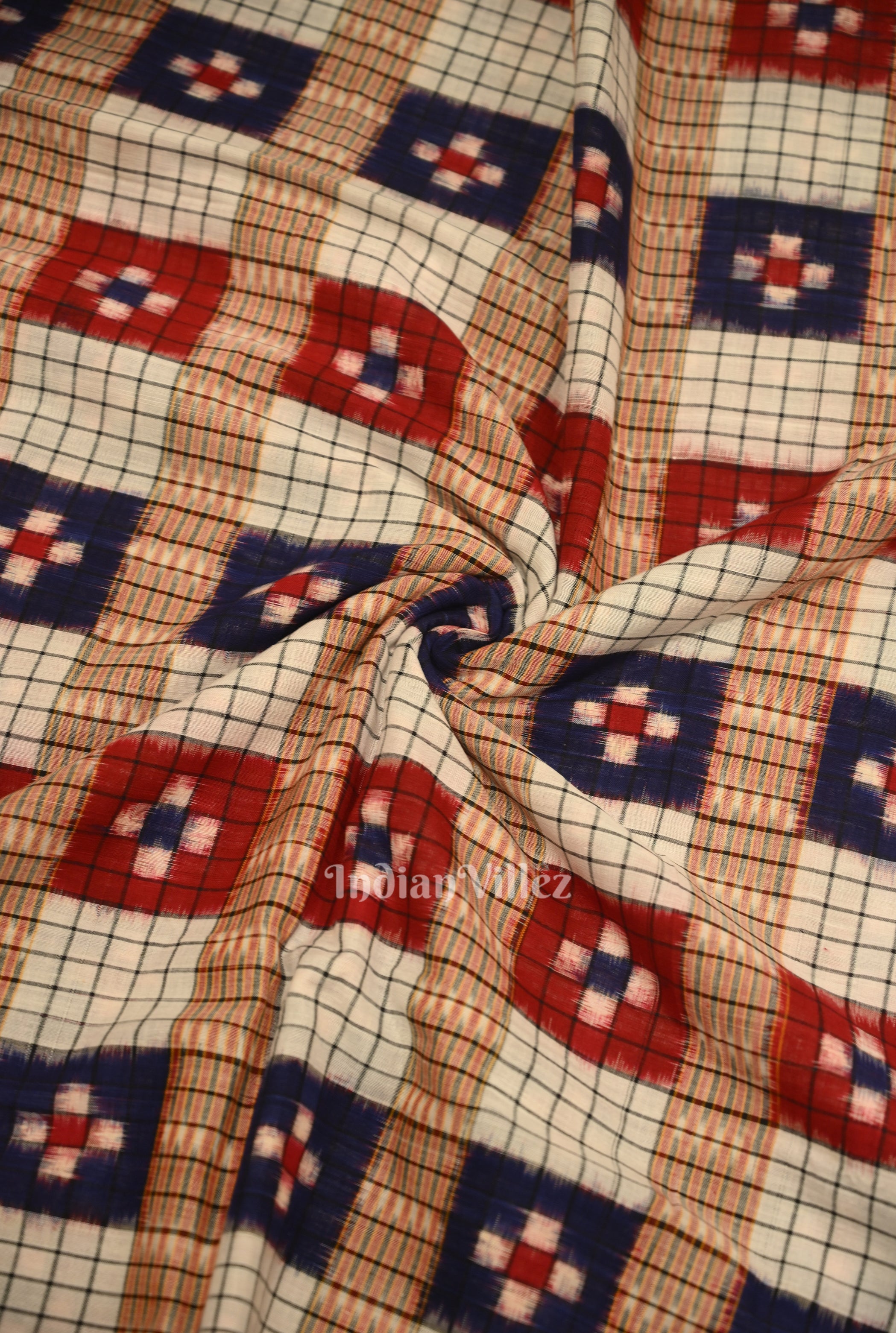 IndianVillèz White Multi Color Check Sambalpuri Pasapali Cotton Fabric