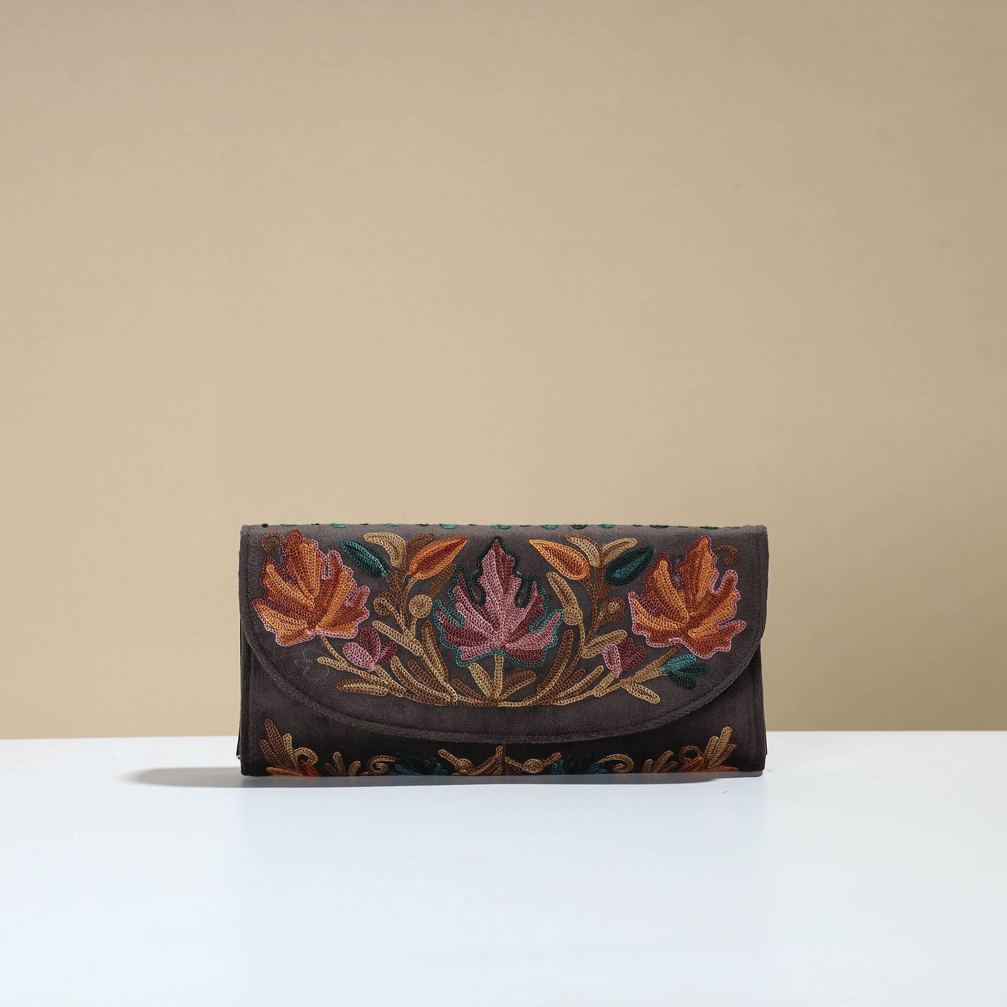 ITOKRI CRAFTS INITIATIVE Brown - Kashmiri Crewel Hand Embroidery Velvet Travel Wallet 75