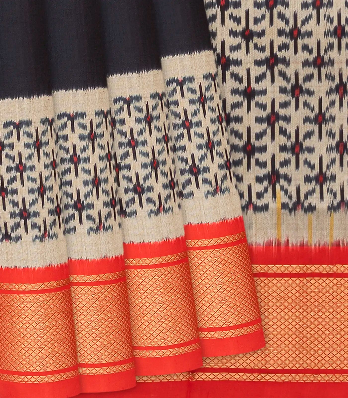 RmKV Black Handloom Pochampally Ikat Silk Saree With Red Border-Black