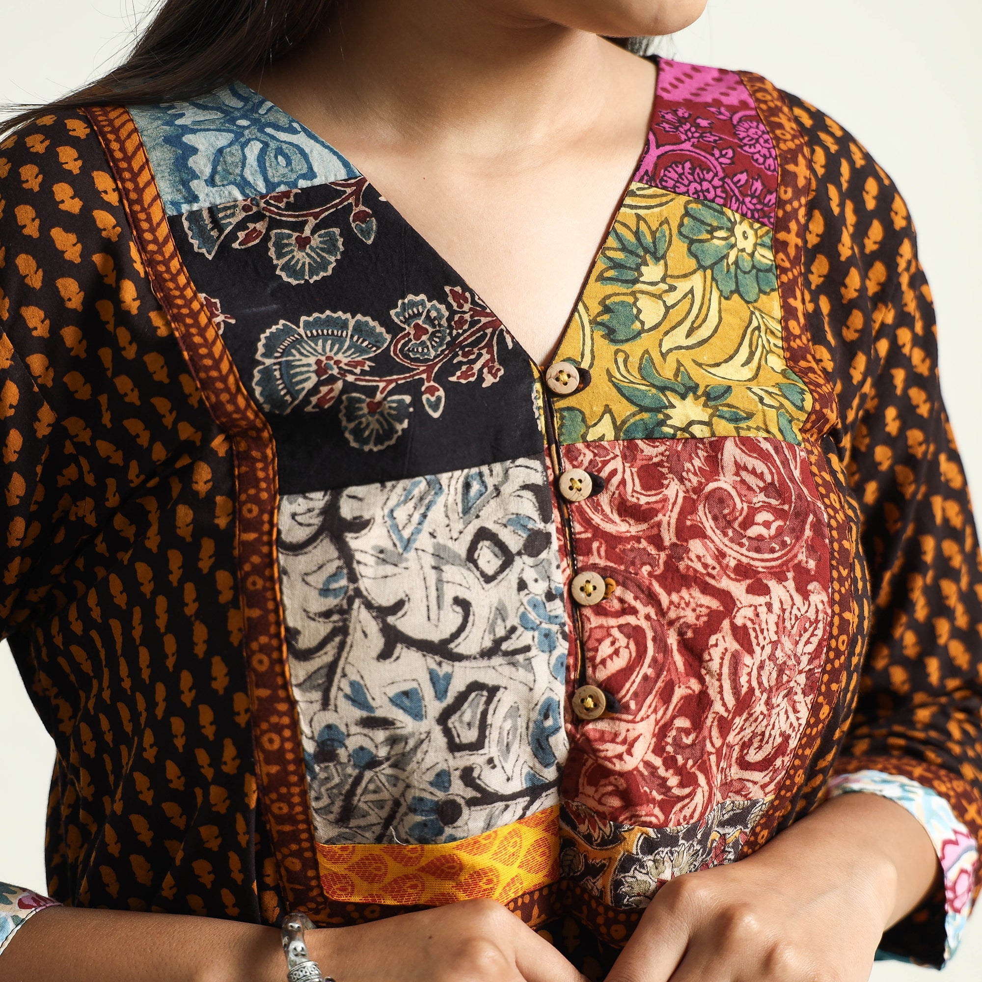 ITOKRI CASUALS Brown - Block Print Cotton Patchwork A-Line Bagh Kurta - view 4