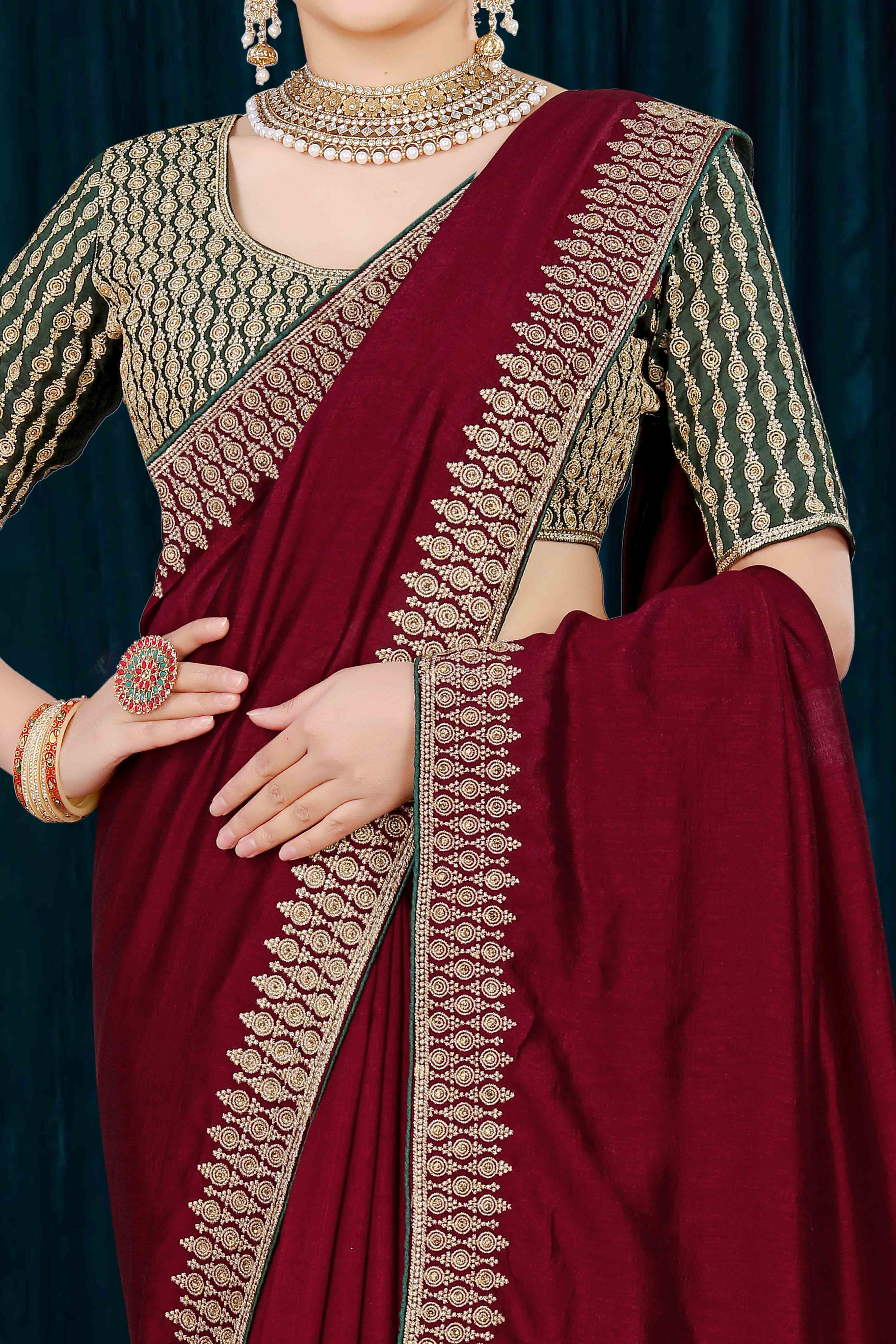 Peachmode Maroon Solid With Zari Embroidered Vichitra Silk Saree - view 2