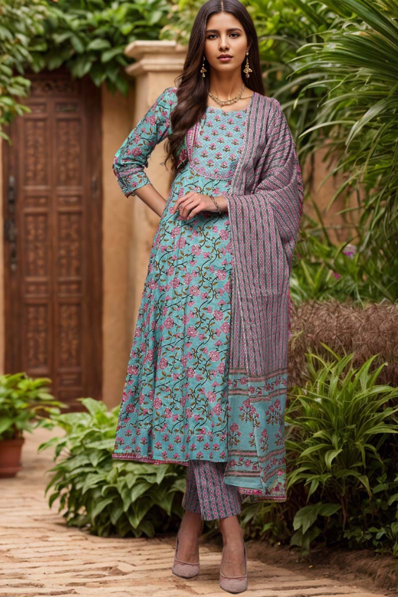 Ahika Blue Pure Cotton Printed Flared Suit Set VKSKD1968