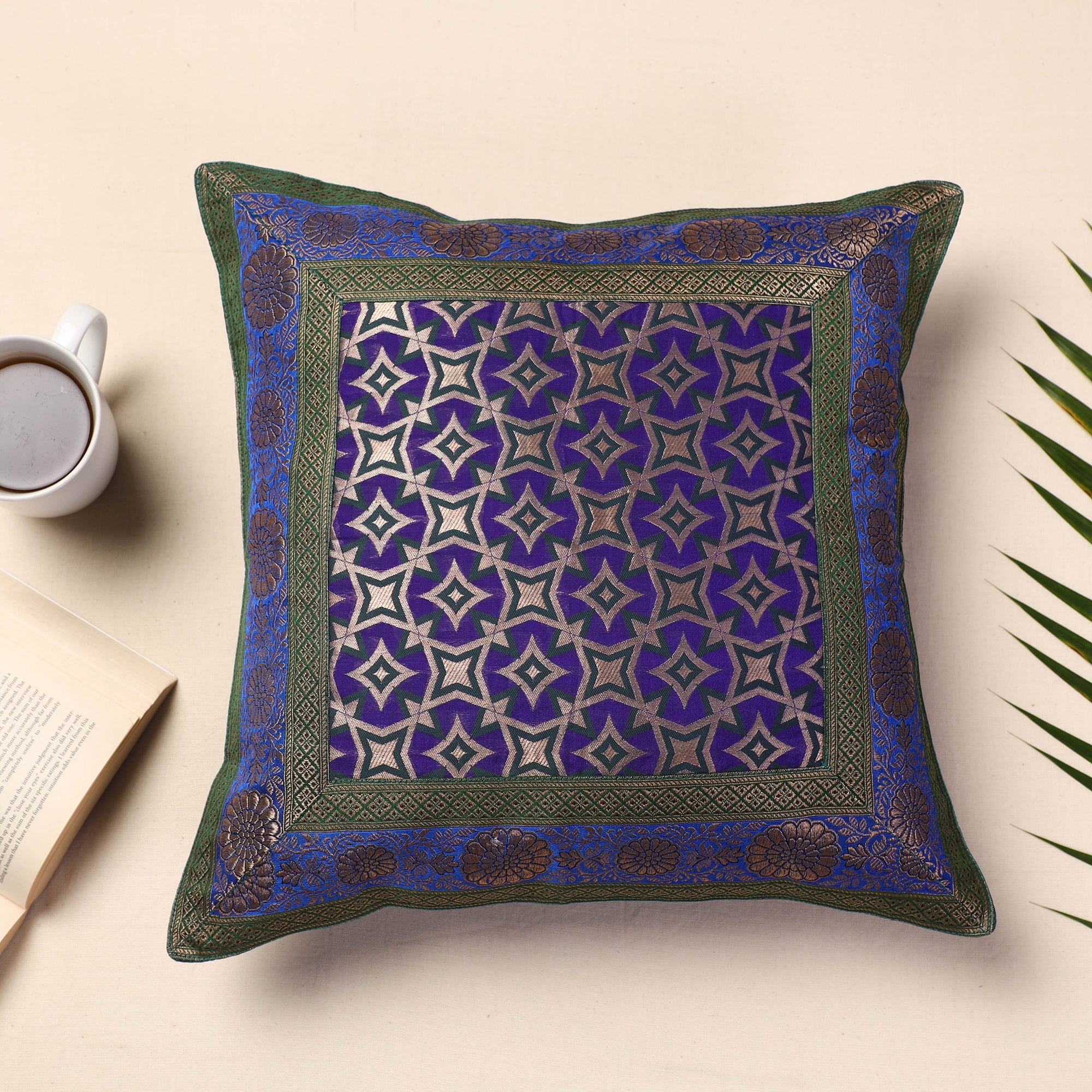 BANARASI BY MAQBUL HASAN Blue - Banarasi Handwoven Silk Zari Cushion Cover (16 x 16 in)