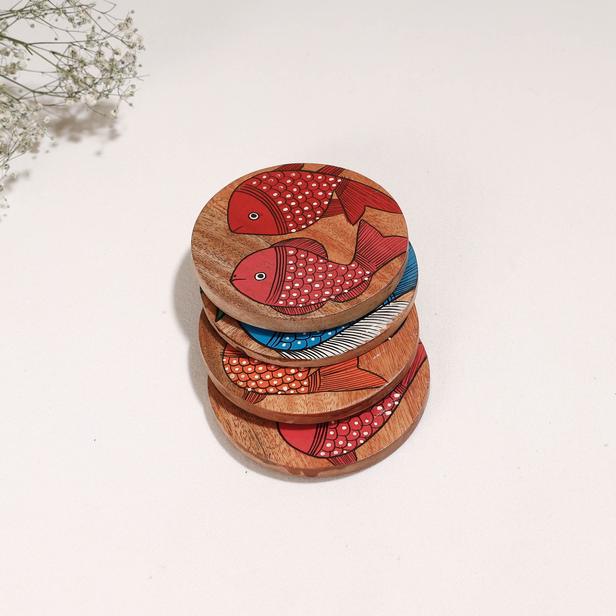 ITOKRI CRAFTS INITIATIVE Bengal Patua Handpainted Akashmoni Wooden Coasters (Set of 4) - view 2