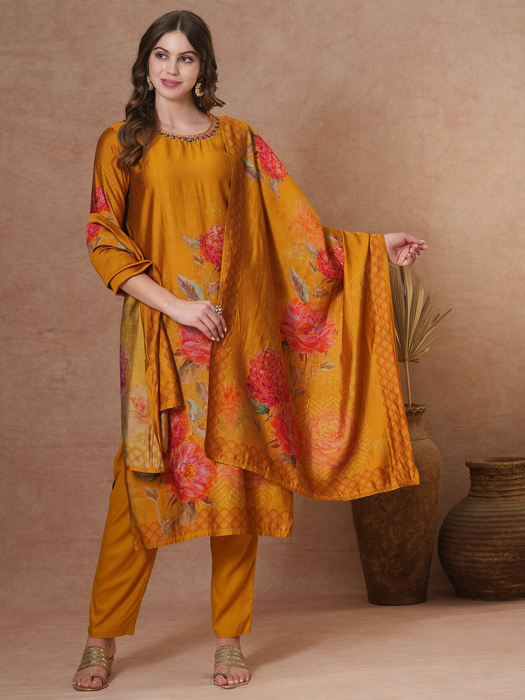FASHOR Abstract Floral Printed & Embroidered Straight Kurta with Pant and Dupatta - Mustard
