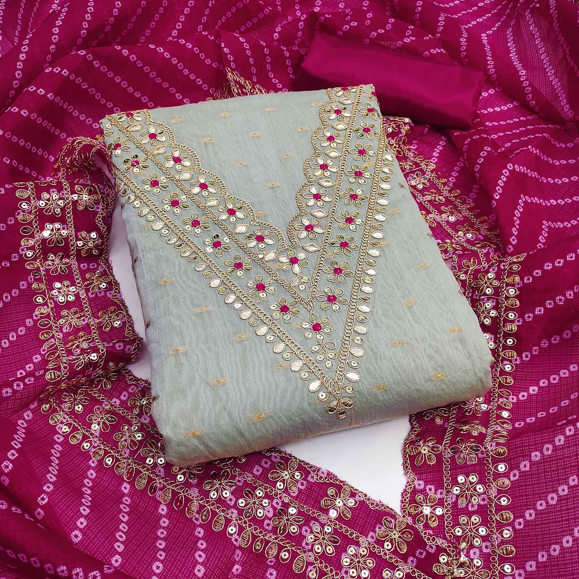 Peachmode Grey Woven With Sequins Embroidered Modal Chanderi Silk Dress Material