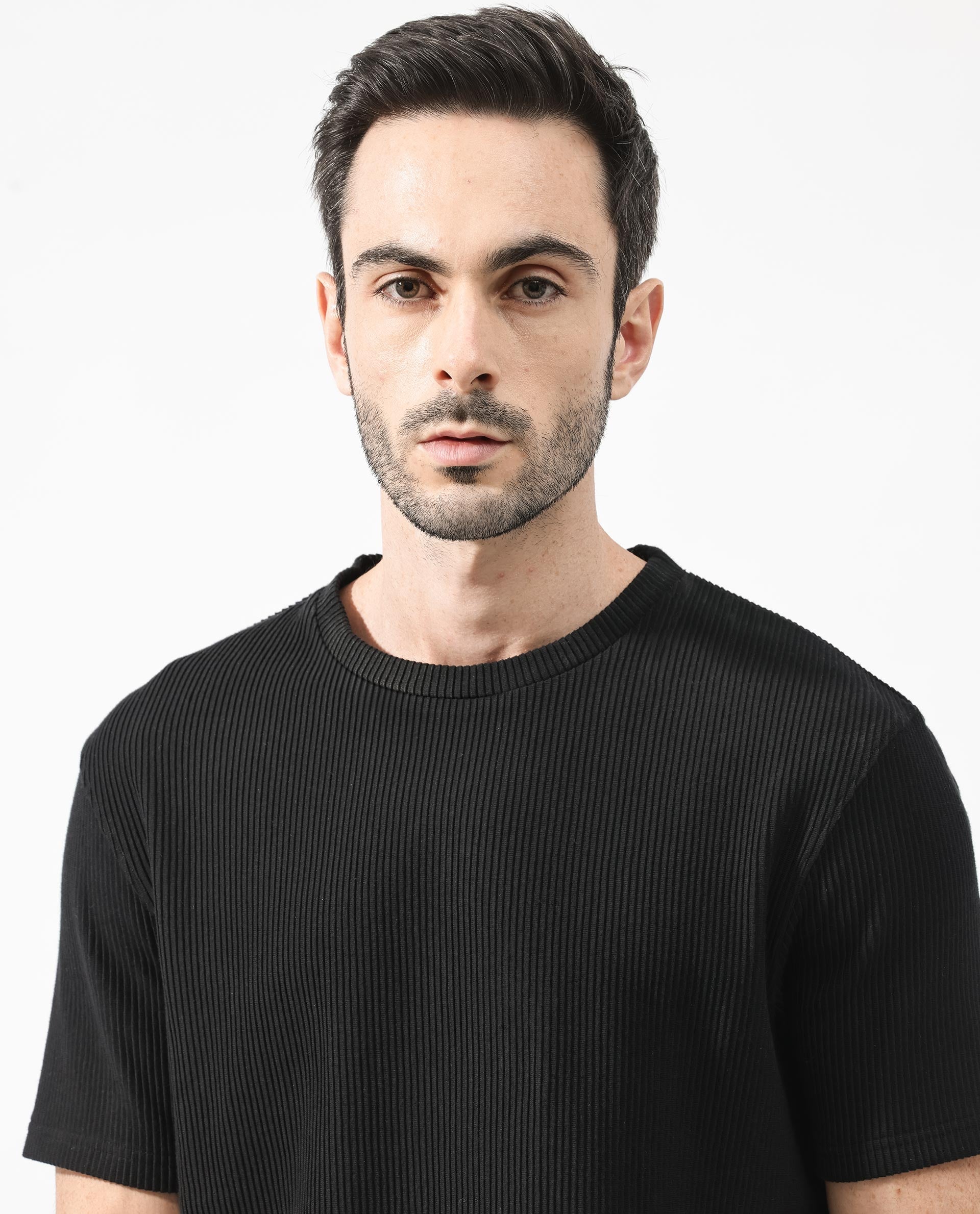 Rare Rabbit Men's Bree Black Crew Neck Ottoman Textured Drop Shoulder Half Sleeves Oversized Fit T-Shirt - view 5