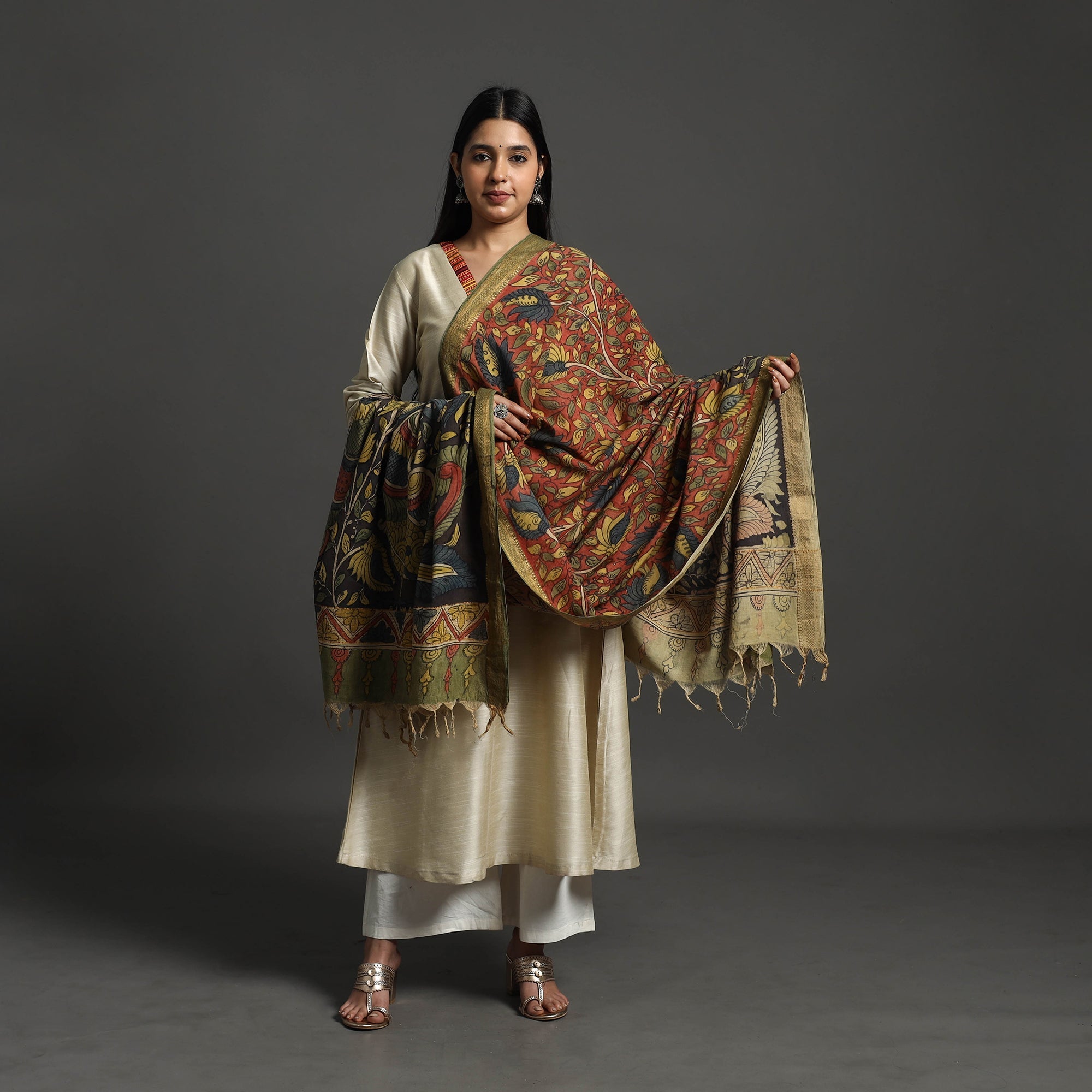 SOUTH KARGHA Brown - Mangalagiri Cotton Handpainted Pen Work Kalamkari Dupatta 06