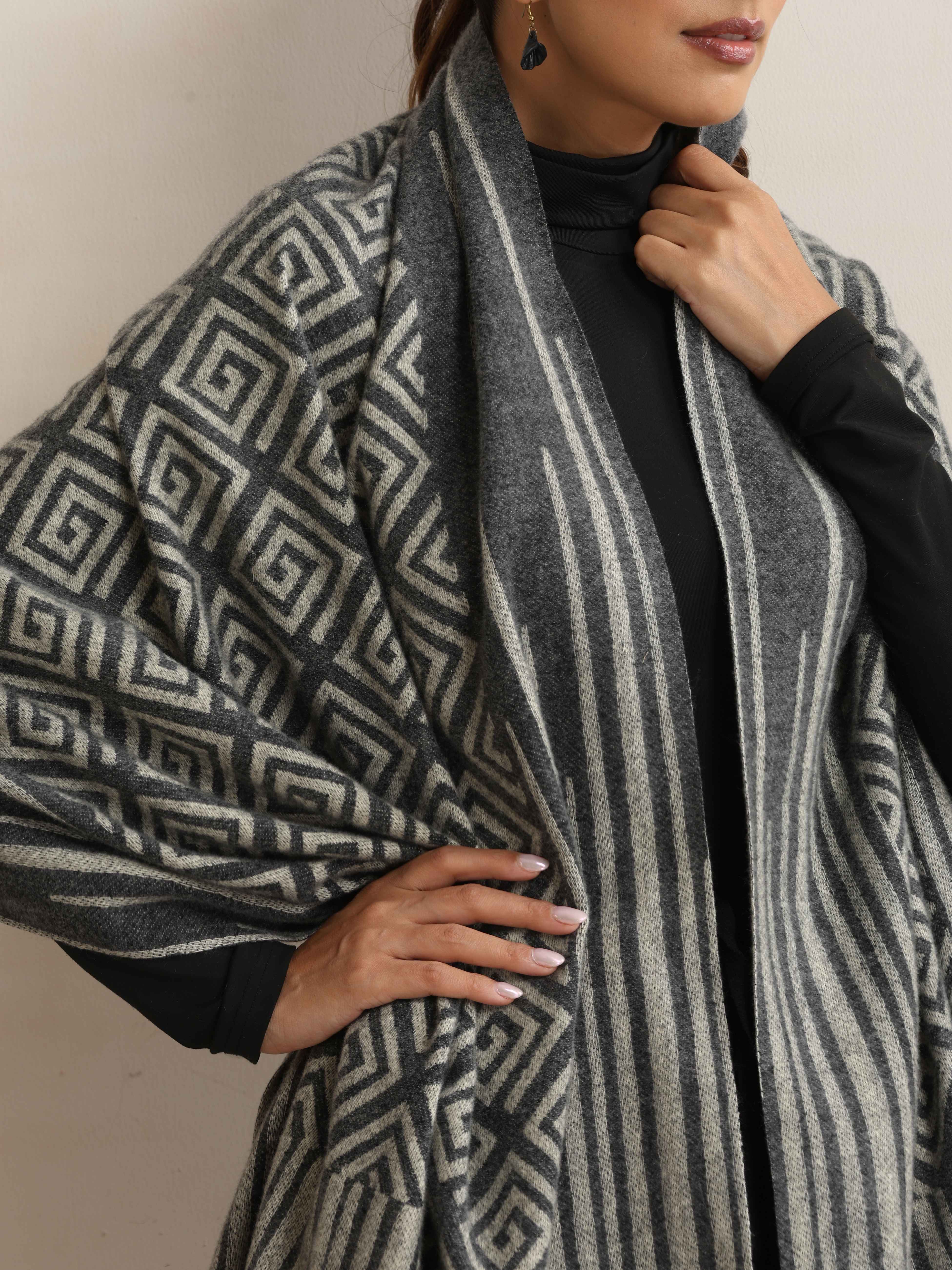 trueBrowns Charcoal Geometric Woollen Stole - view 3