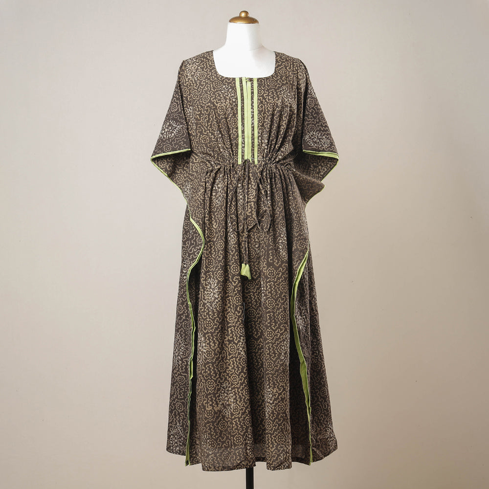 THE SAFFRON SAGA Brown - Pipad Hand Block Printed Cotton Kaftan with Tie-Up Waist (Long)