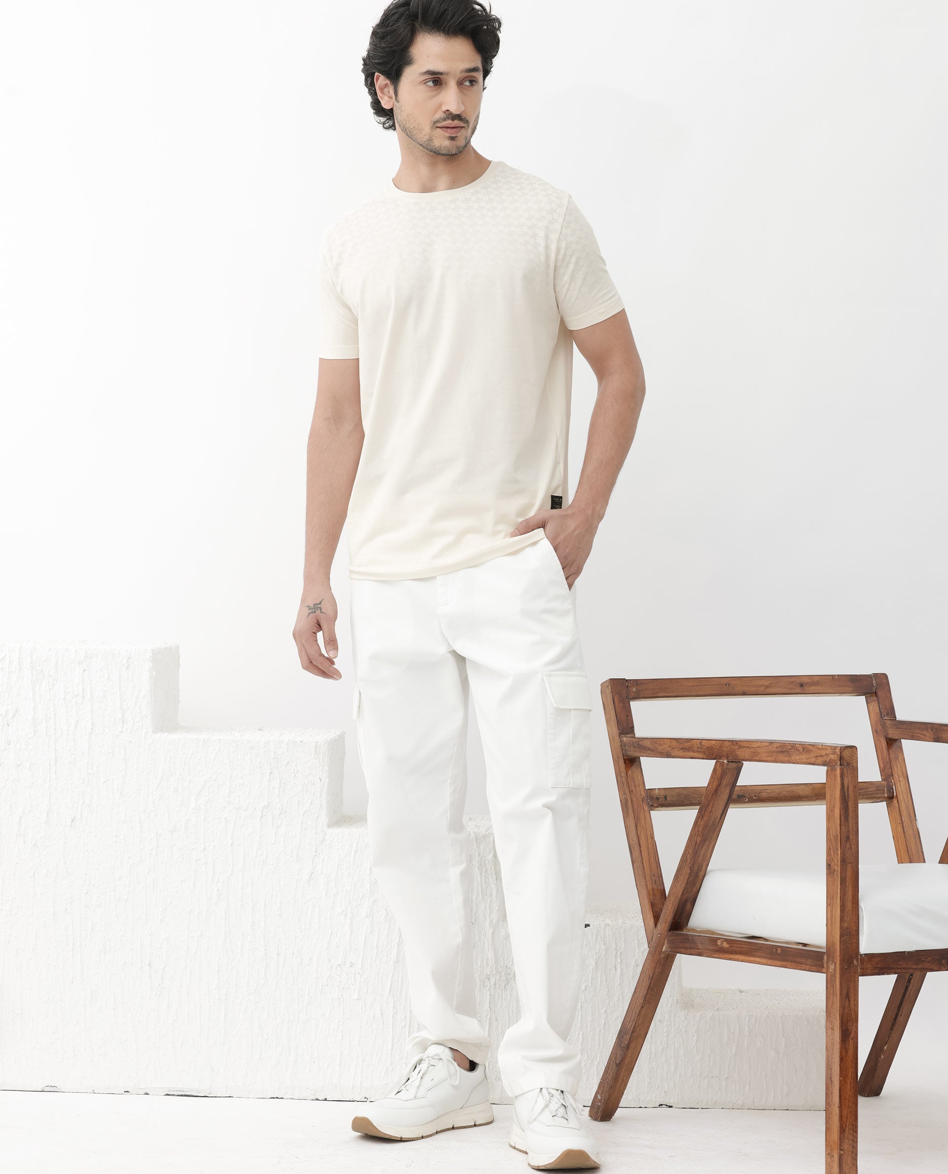Rare Rabbit Articale Mens Tully Beige Cotton Polyester Fabric Short Sleeve Crew Neck Regular Fit Monogram Printed T-Shirt - view 9