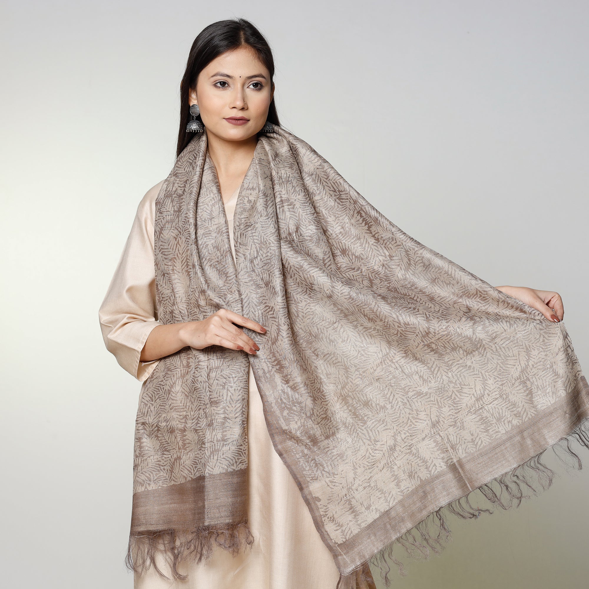 BINDAAS UNLIMITED Beige - Handloom Block Art Print Tussar Silk Bindaas Stole - view 2