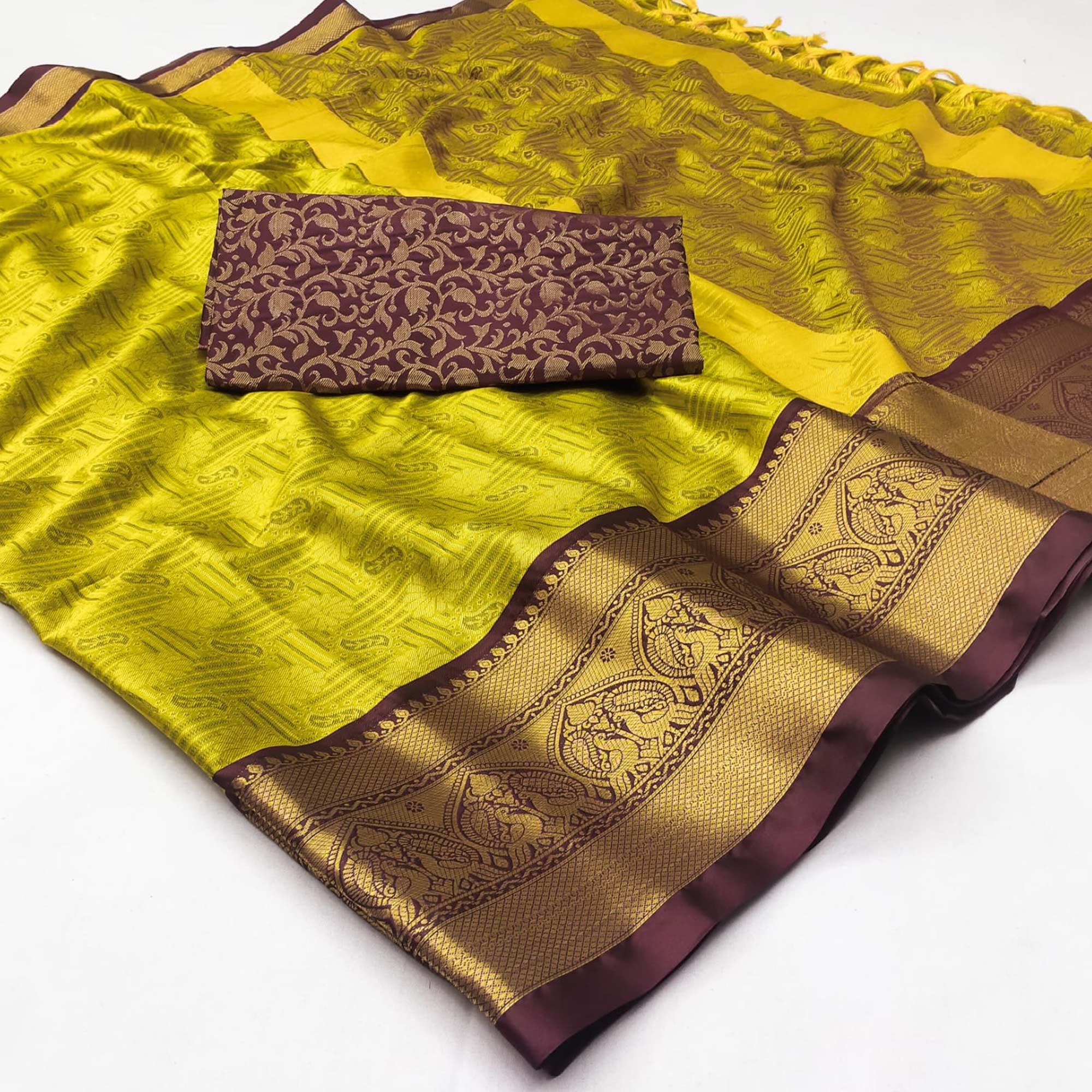 Peachmode Lemon Green Maroon Woven Cotton Silk Saree With Tassels