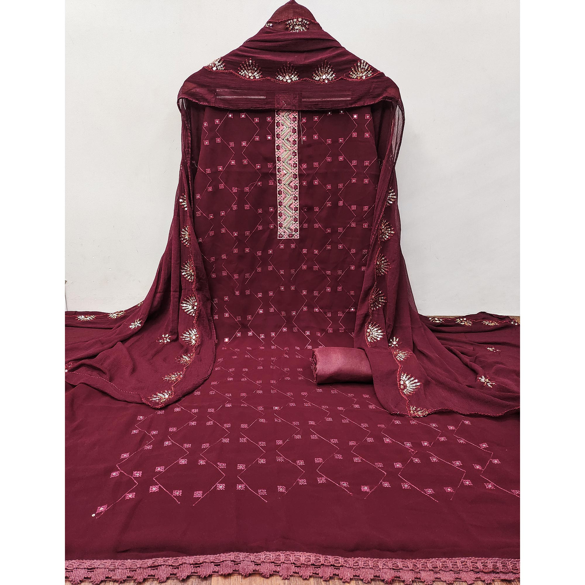 Peachmode Maroon Sequins Embroidered Georgette Dress Material - view 3