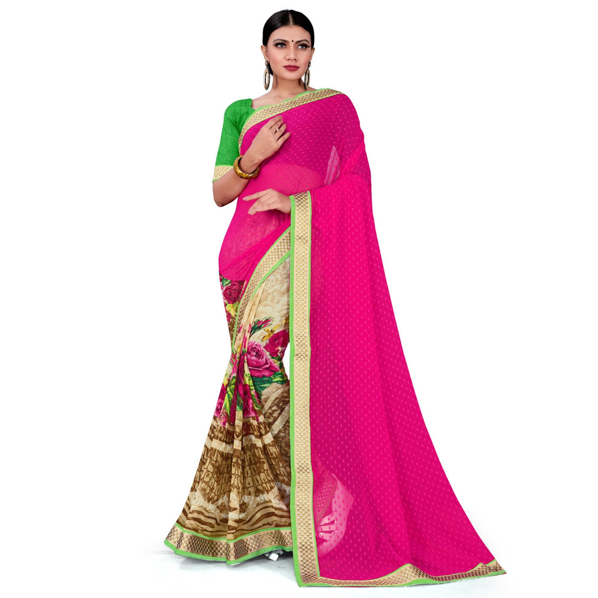 Peachmode Excellent Pink-Brown Colored Party Wear Floral Printed Georgette half-half Saree