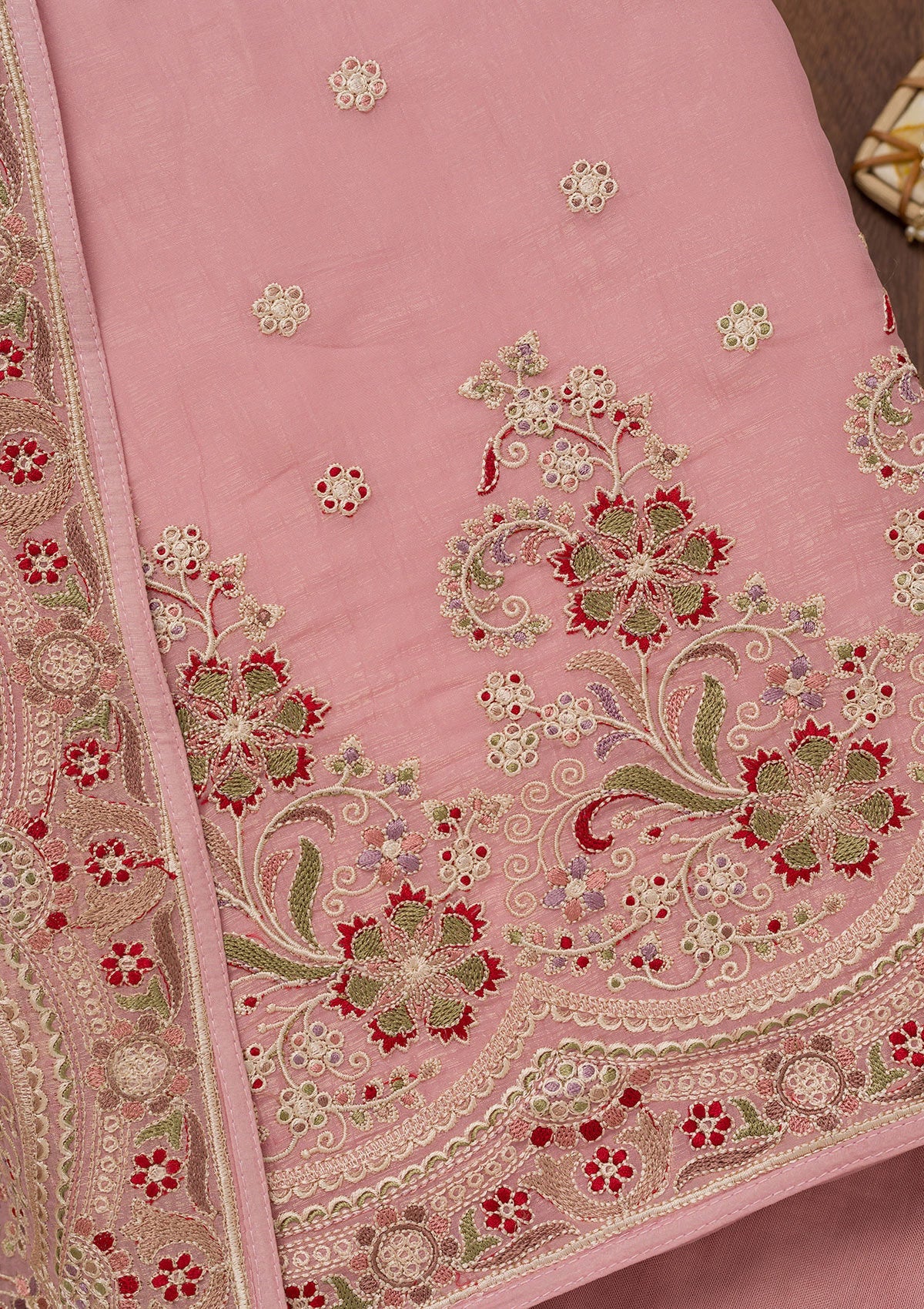 Koskii Pink Threadwork Semi Crepe Unstitched Salwar Suit - view 2