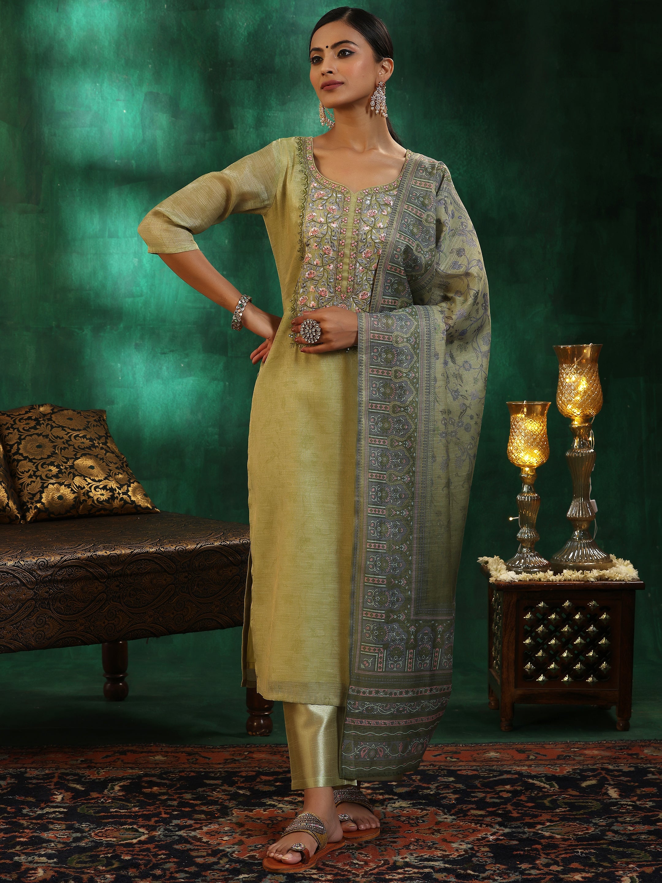 Libas Green Yoke Design Silk Blend Straight Suit With Dupatta