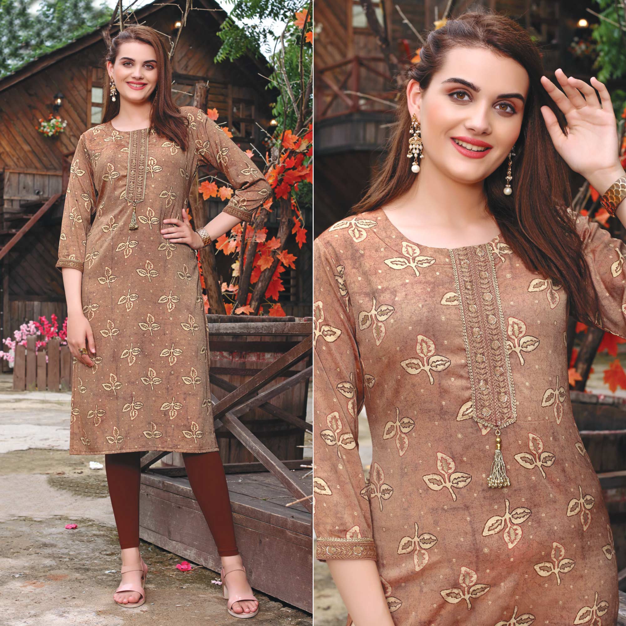 Peachmode Brown Printed Muslin Kurti – Women's