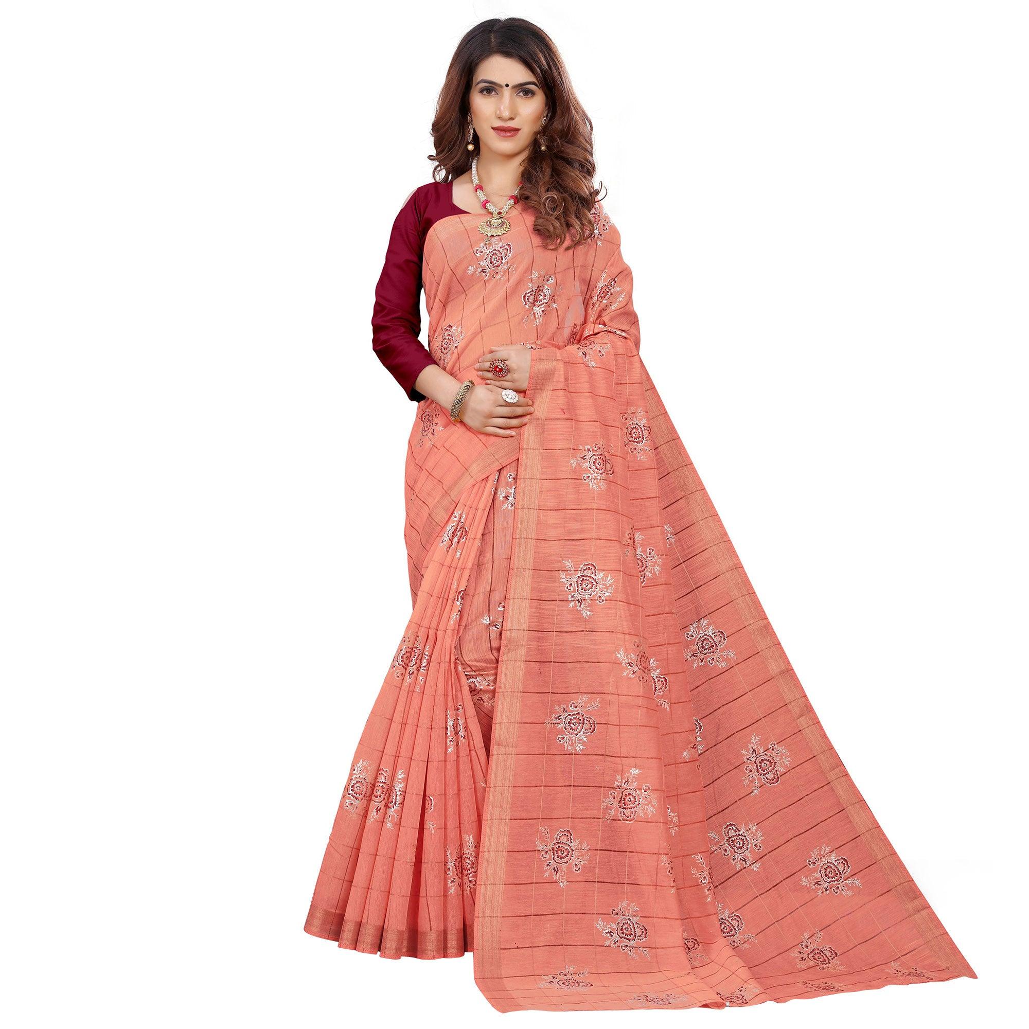 Peachmode Ideal Peach Colored Casual Wear Printed Cotton Saree