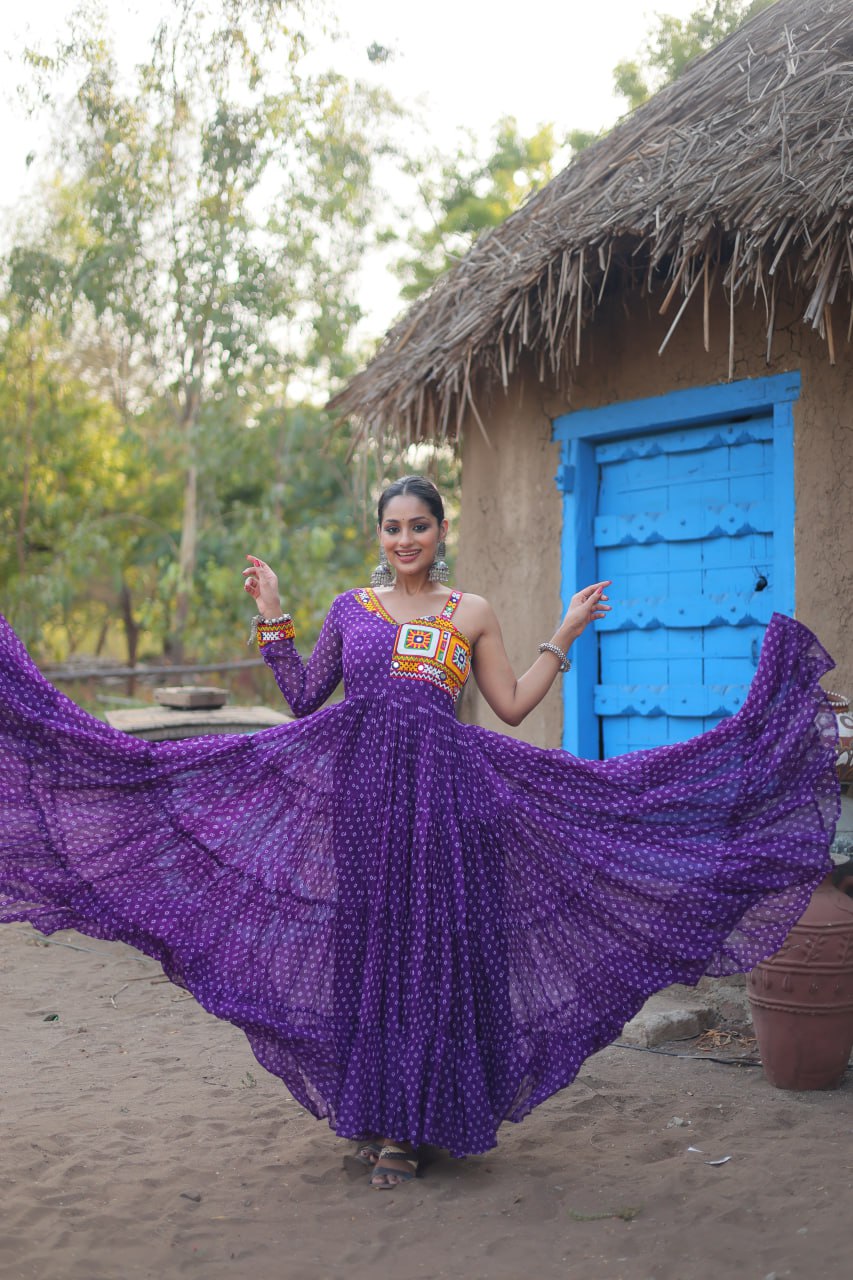 ClothsVilla.com Purple Elegant Bandhani Print Faux Georgette Gown with Kutchi Patchwork - view 2