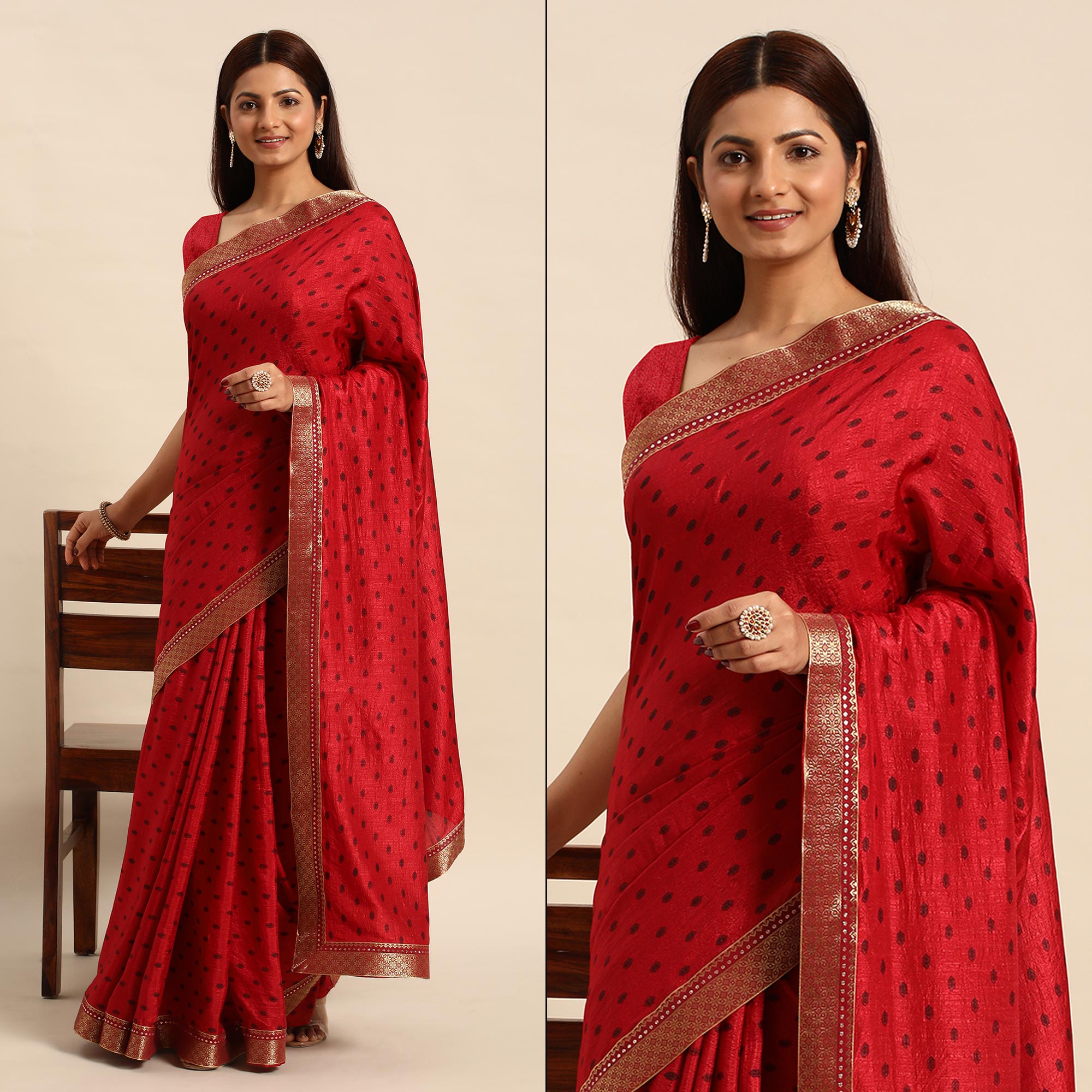 Peachmode Maroon Printed Vichitra Silk Saree – Women's