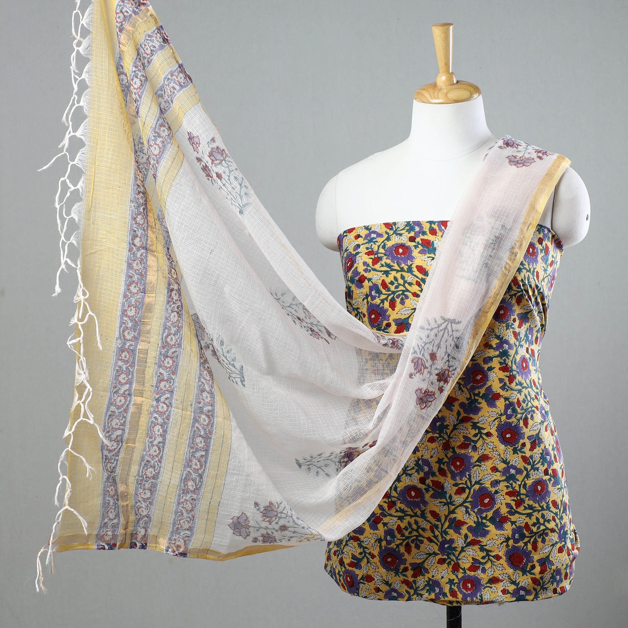 KUSUMLATA 3pc Sanganeri Block Printed Cotton Suit Material with Kota Doria Dupatta 18