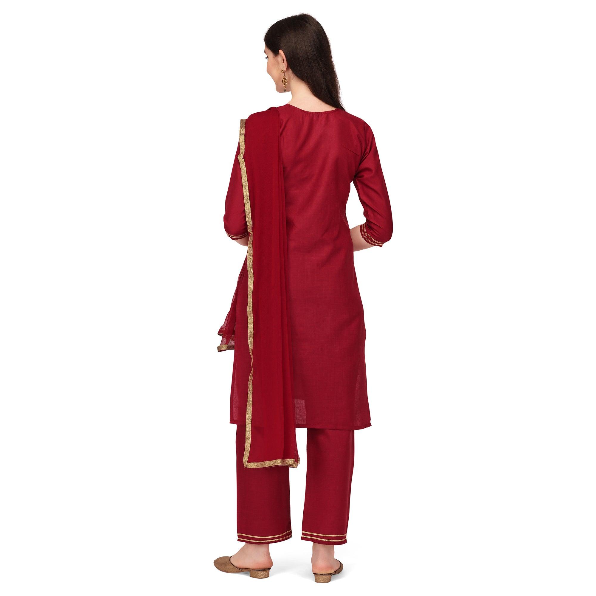 Peachmode Seller Maroon Embroidered Cotton Blend Kurti Pant Set With Dupatta - view 5