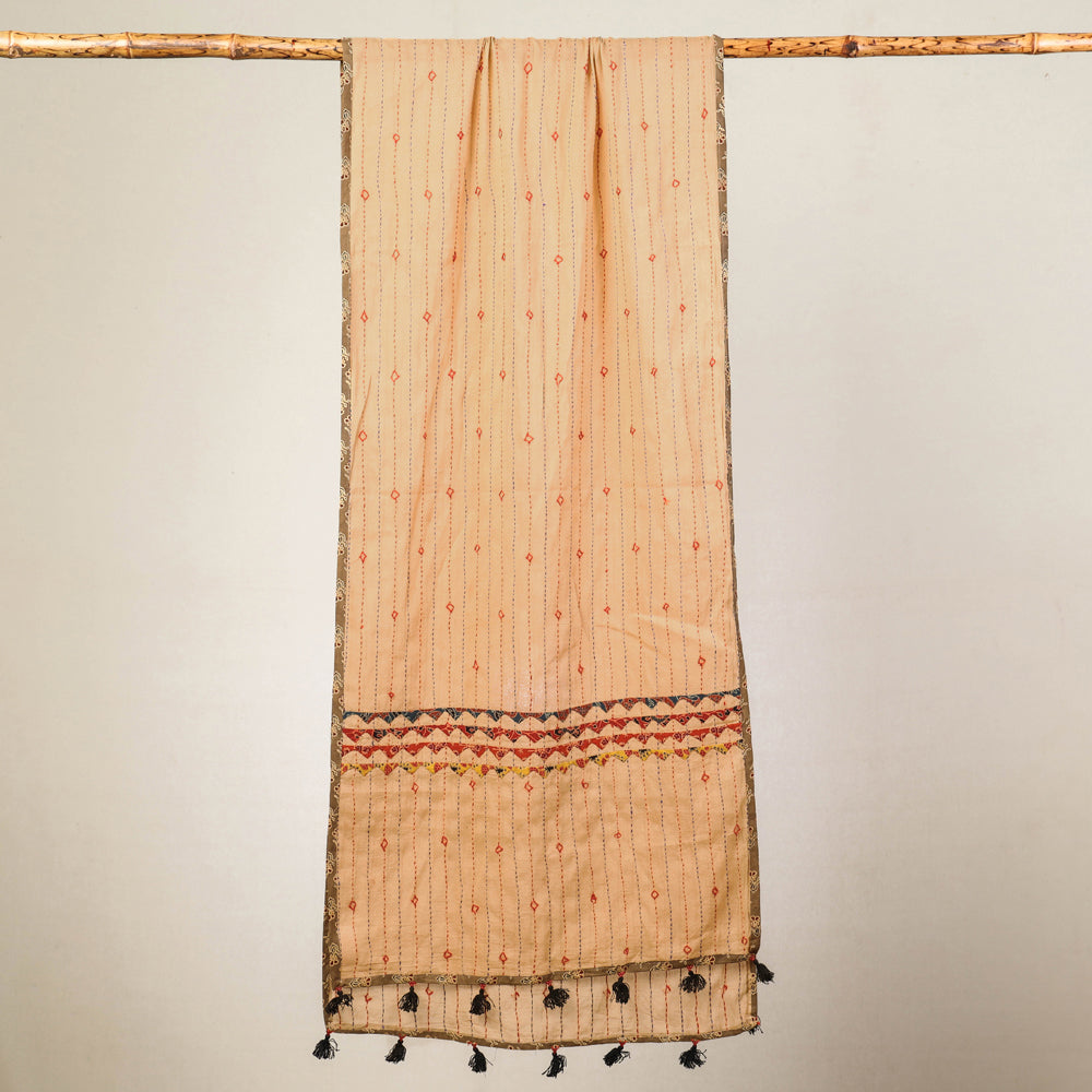 SHADES OF MARUDHARA Brown - Marudhara Tagai Work Ajrakh Border Cotton Stole with Tassels - view 2