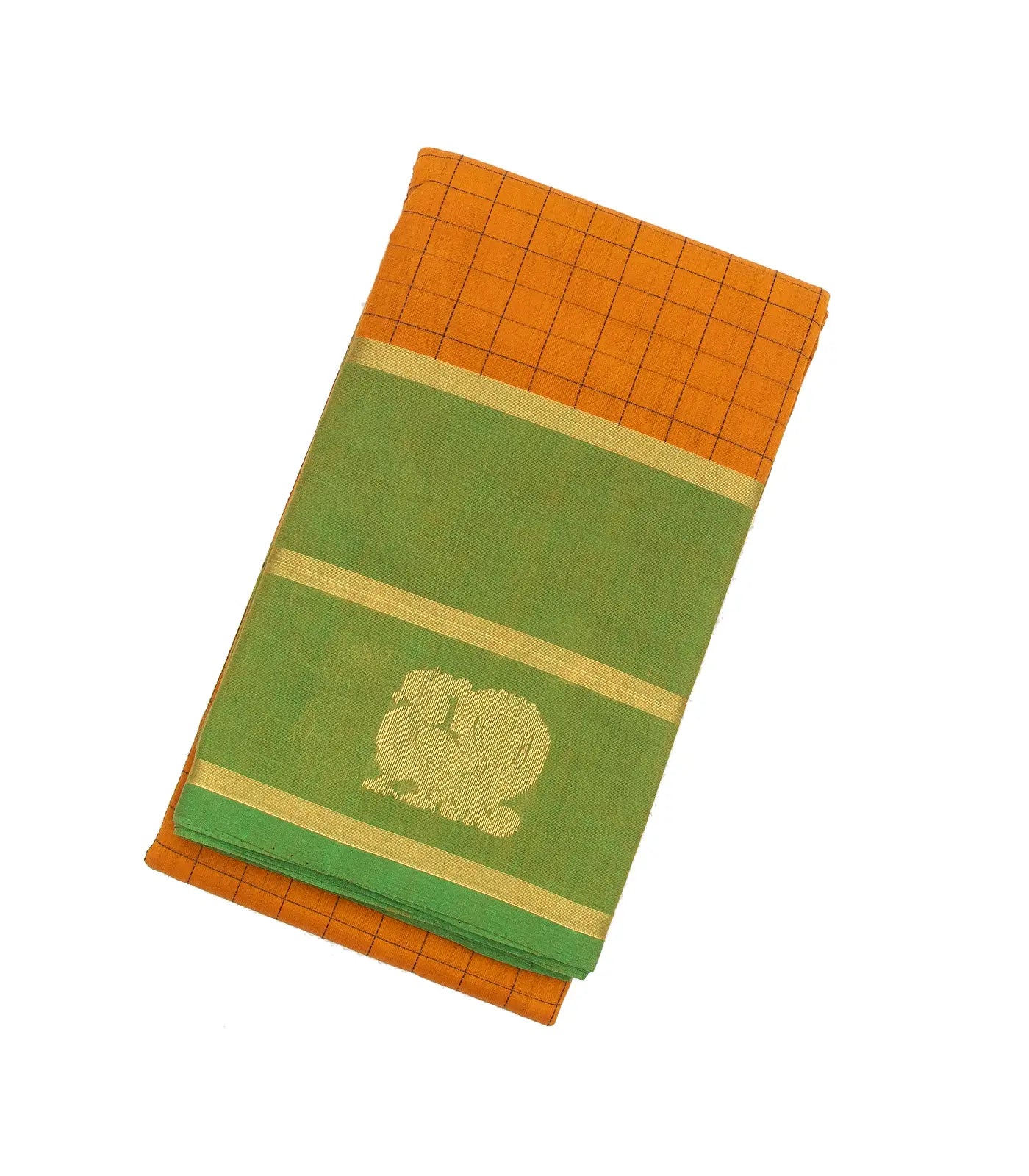 RmKV Mustard Handloom Kanchi Cotton Saree With Checks & Green Border