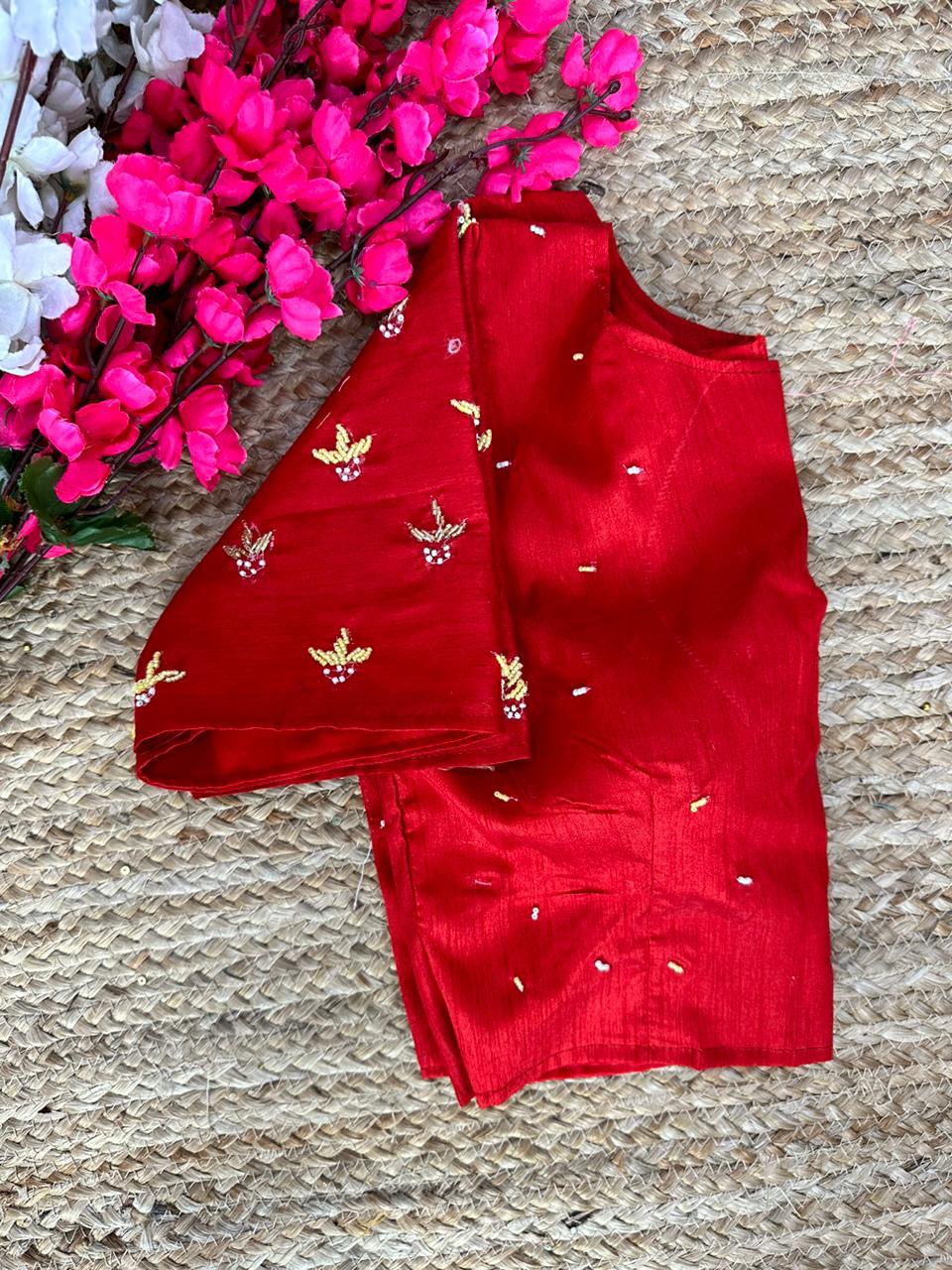 ClothsVilla Red Pearl-Embellished german silk Blouse with Handcrafted Golden Work - view 2