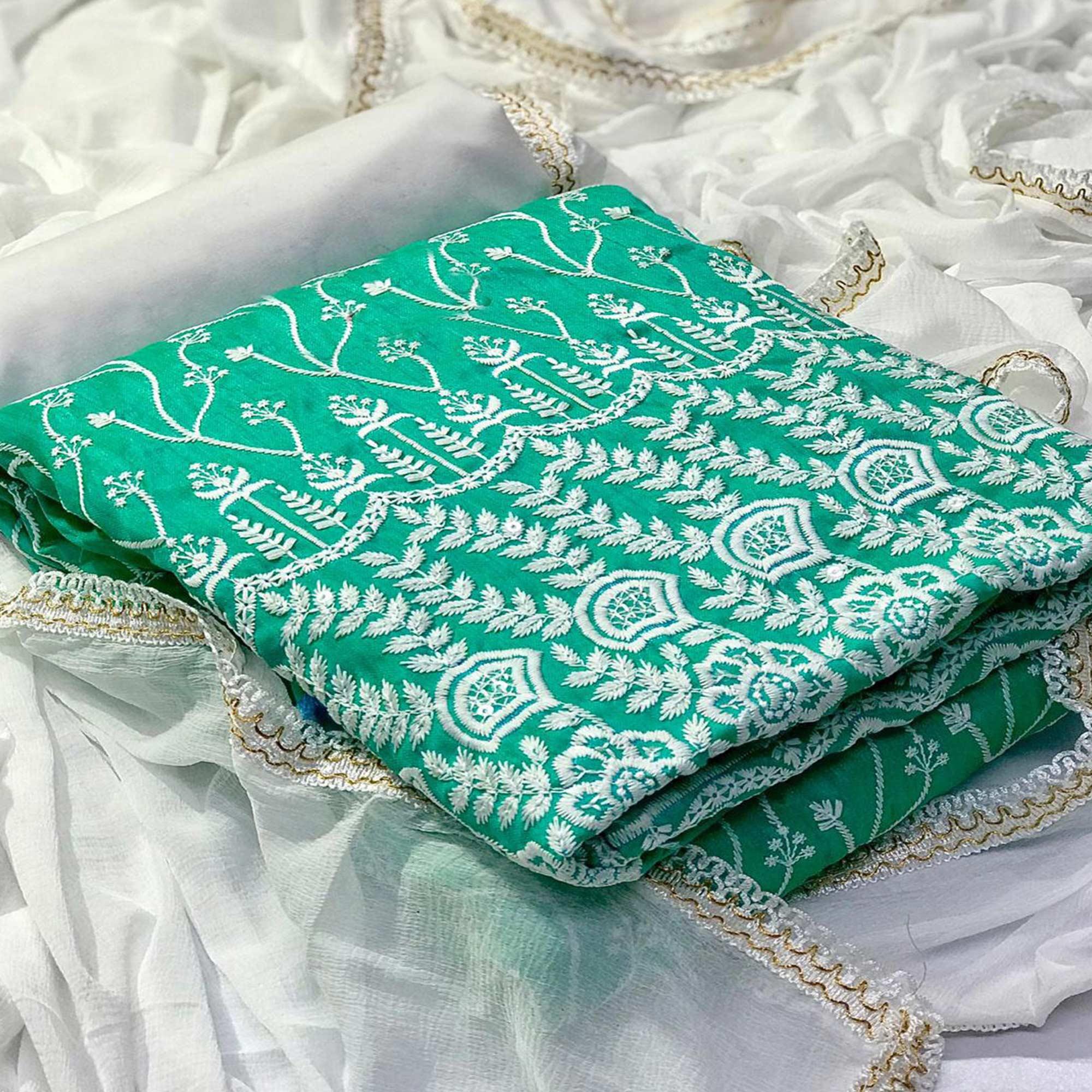 Peachmode Flaunt Aqua Green Colored Casual Wear Floral Embroidered Cotton Dress Material