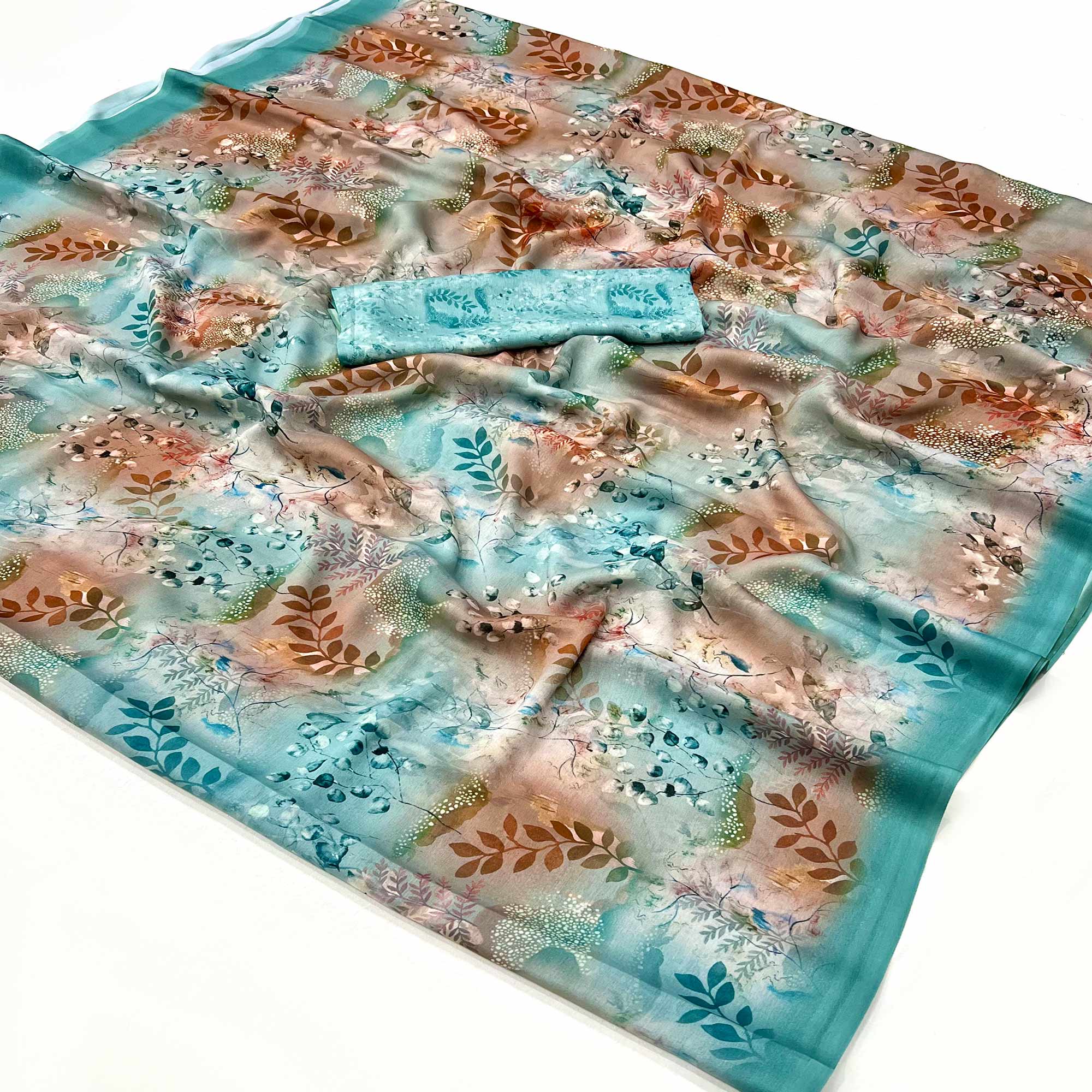 Peachmode Turquoise Floral Digital Printed Georgette Saree
