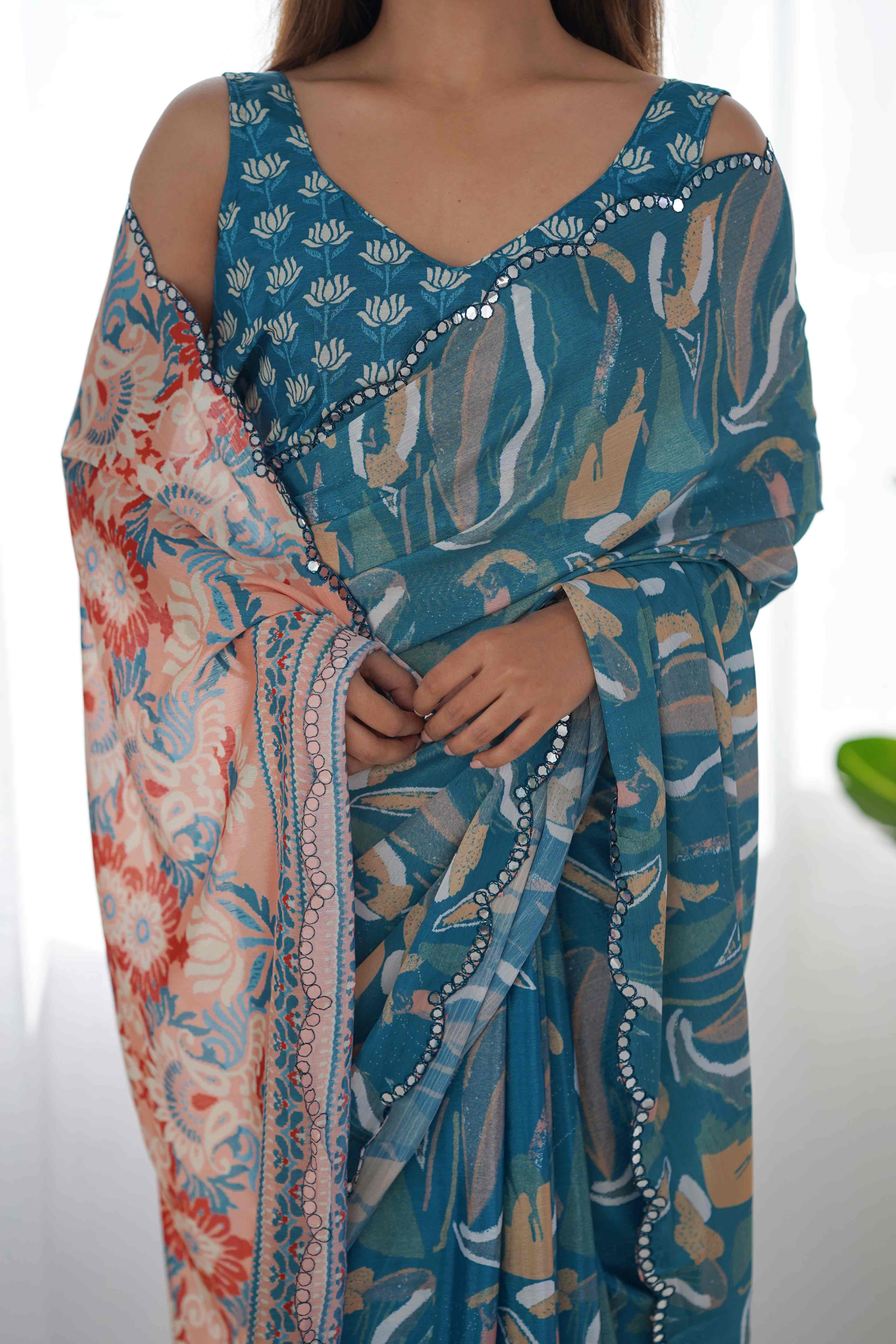 Peachmode Light Teal Floral Printed Chinon Saree - view 2