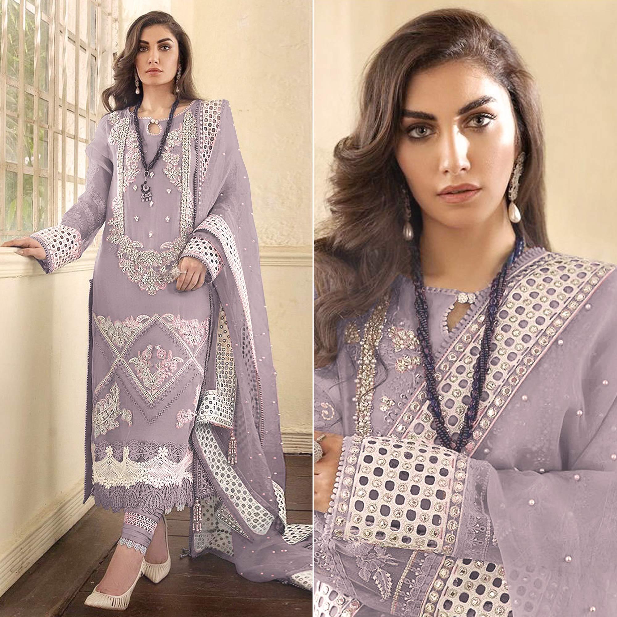 Peachmode Seller Light Lavender Embellished With Embroidered Georgette Pakistani Suit